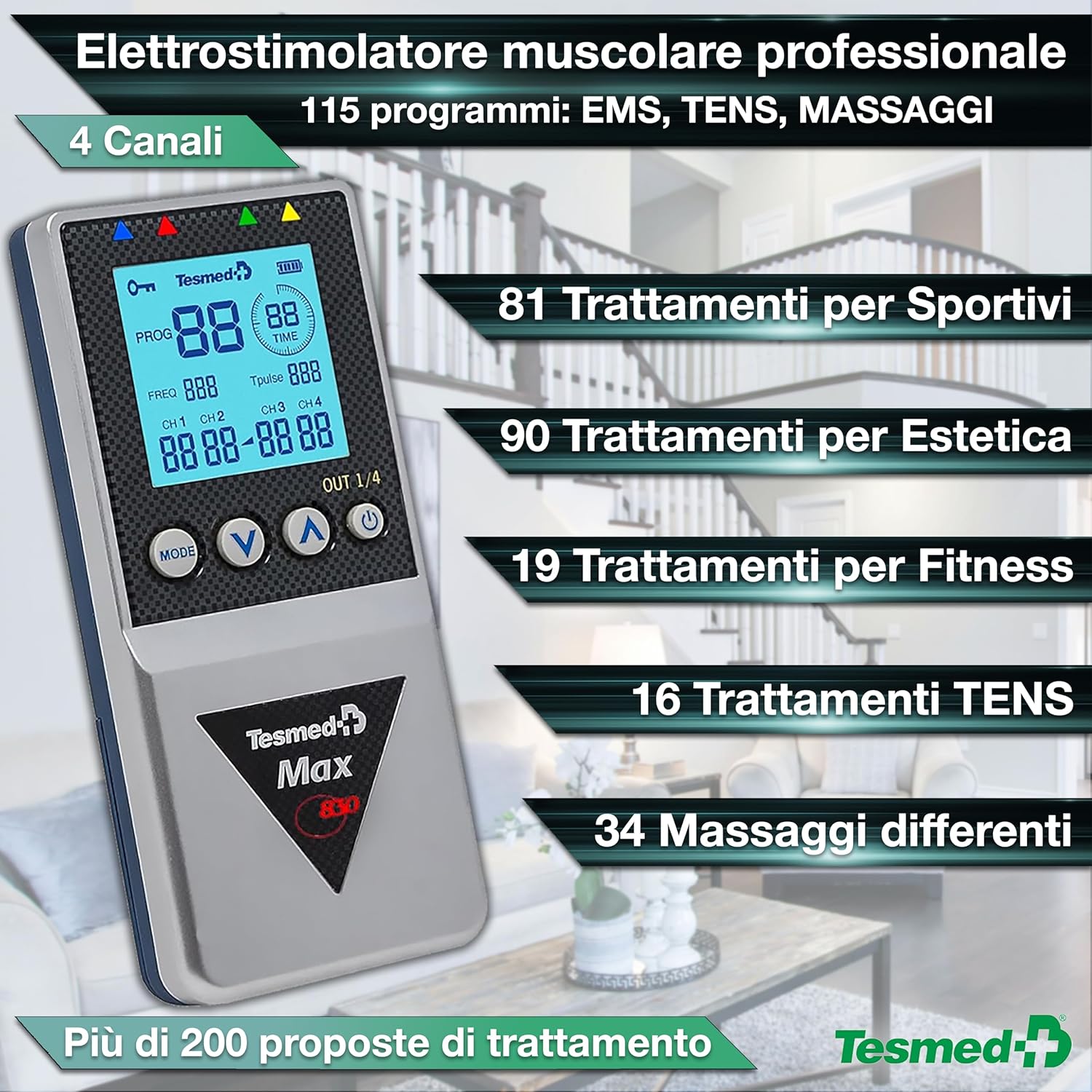 Thumbnail 1 de TESMED Max 830 elettrostimolatore muscolare professionale TENS/EMS con 4 canali e programmi sequenziali WAIMS
