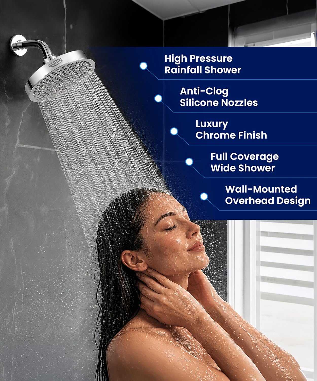 Detalle 2 de GURIN Shower Head - Powerful High Pressure Rain Shower Head, 6-Inch Chrome with 90 Anti-Clog Nozzles