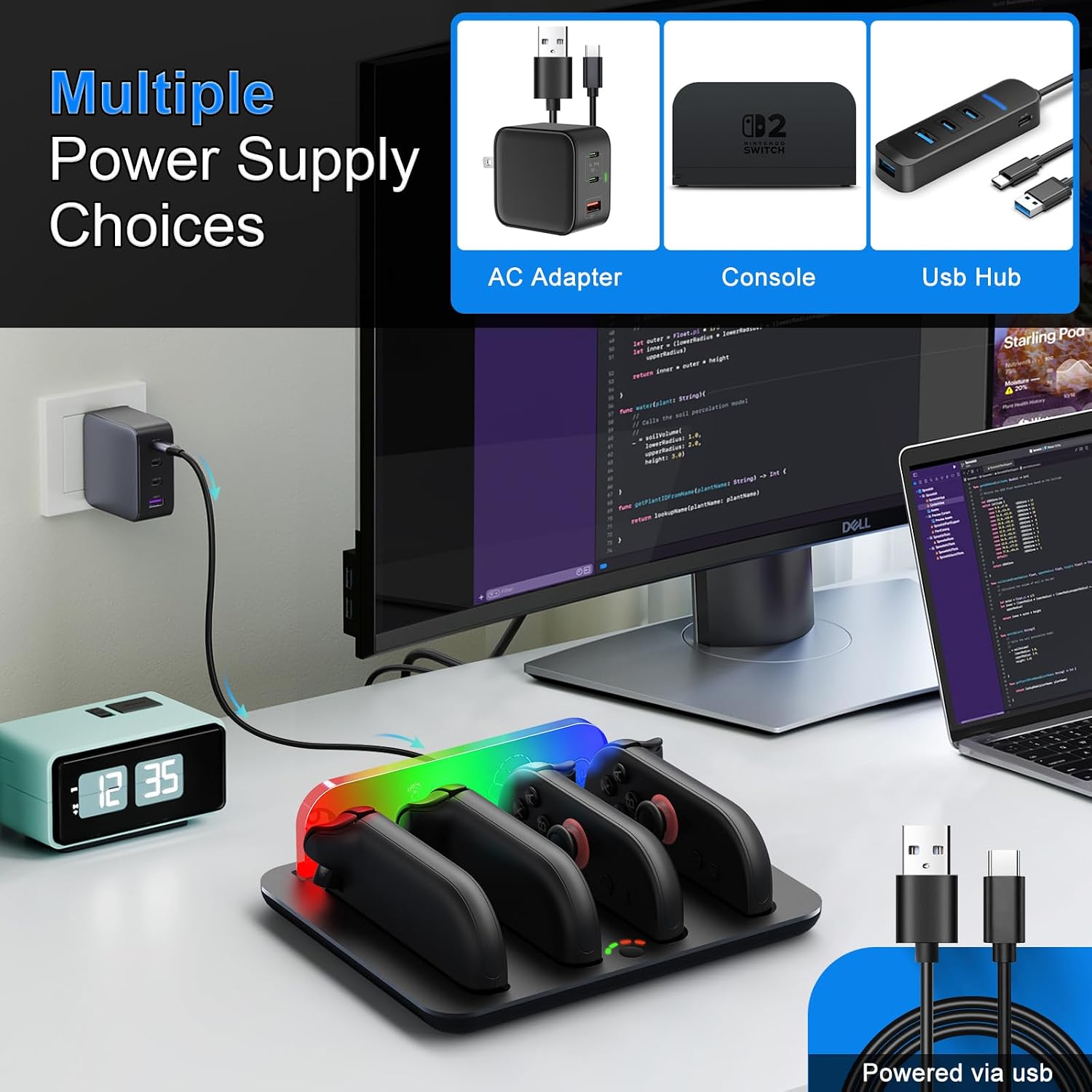 Detalle 2 de ID CHINSION NS-05 Joy-Con Charging Dock for Switch 2 with LED and RGB Lighting