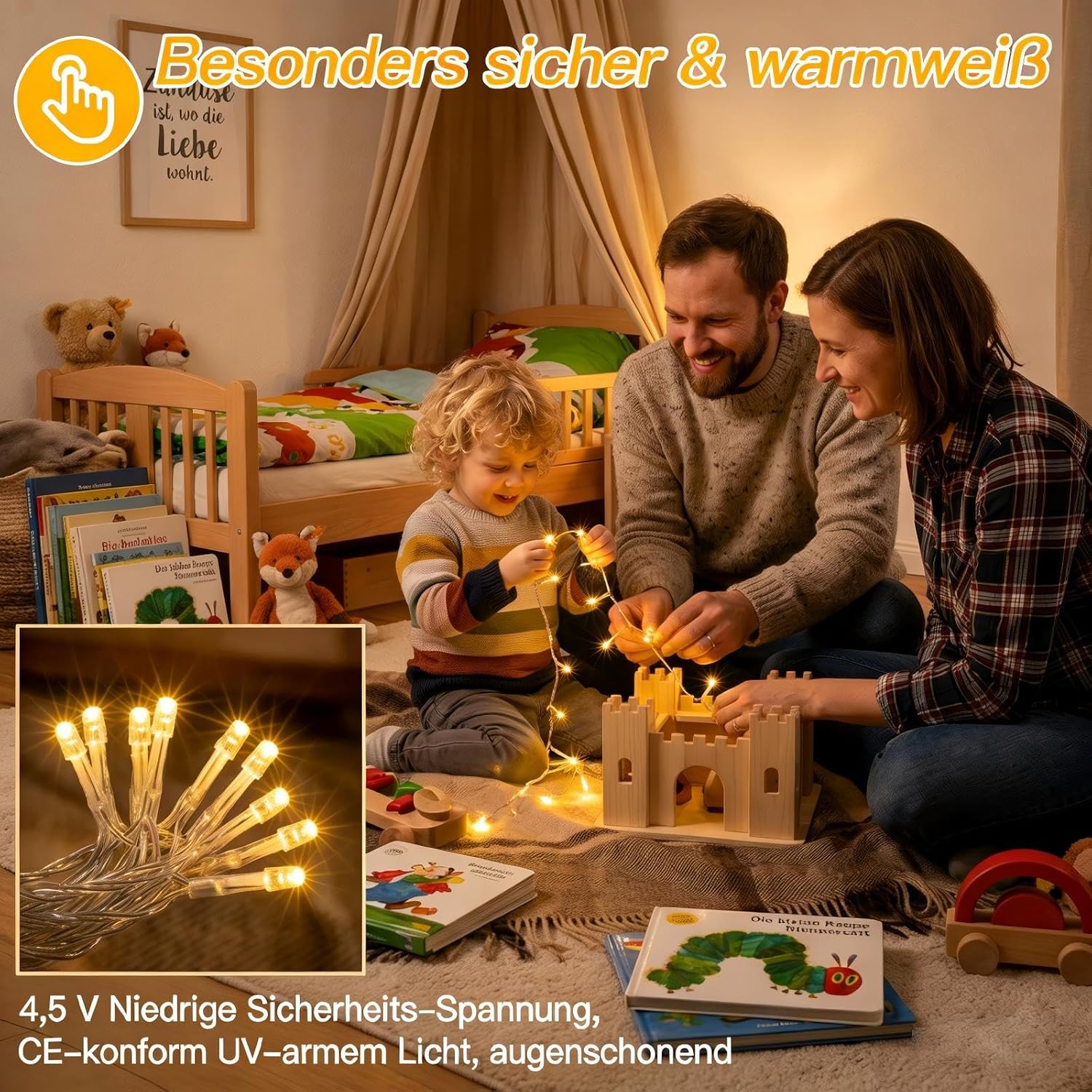Detalle de Lichterkette Außen Batterie Timer 10 m, 100 LEDs Warmweiß – IP44, batteriebetrieben