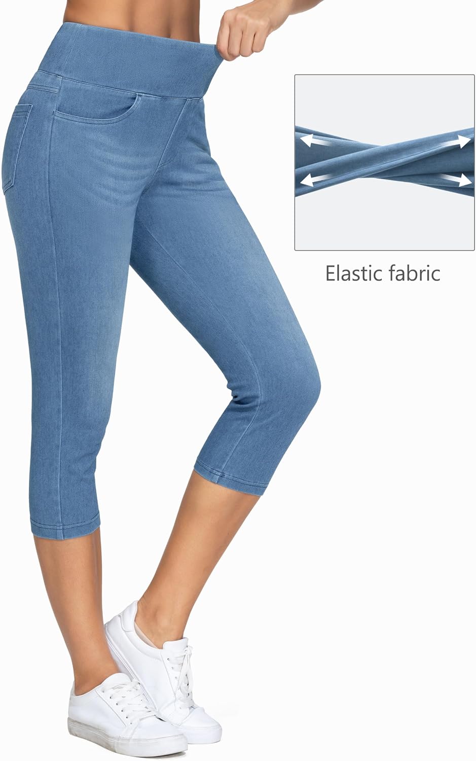 Detalle de THE GYM PEOPLE Women's High Waisted Capri Jeggings with Pockets