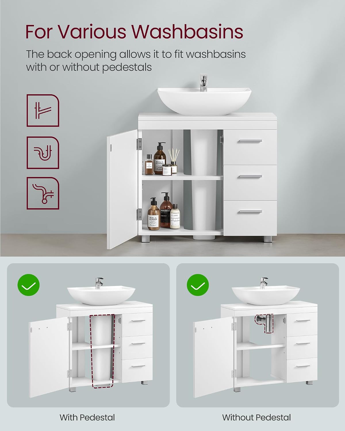 Thumbnail 4 de VASAGLE Under Sink Bathroom Cabinet, 30 x 60 x 64 cm, Cloud White BBK514WB01