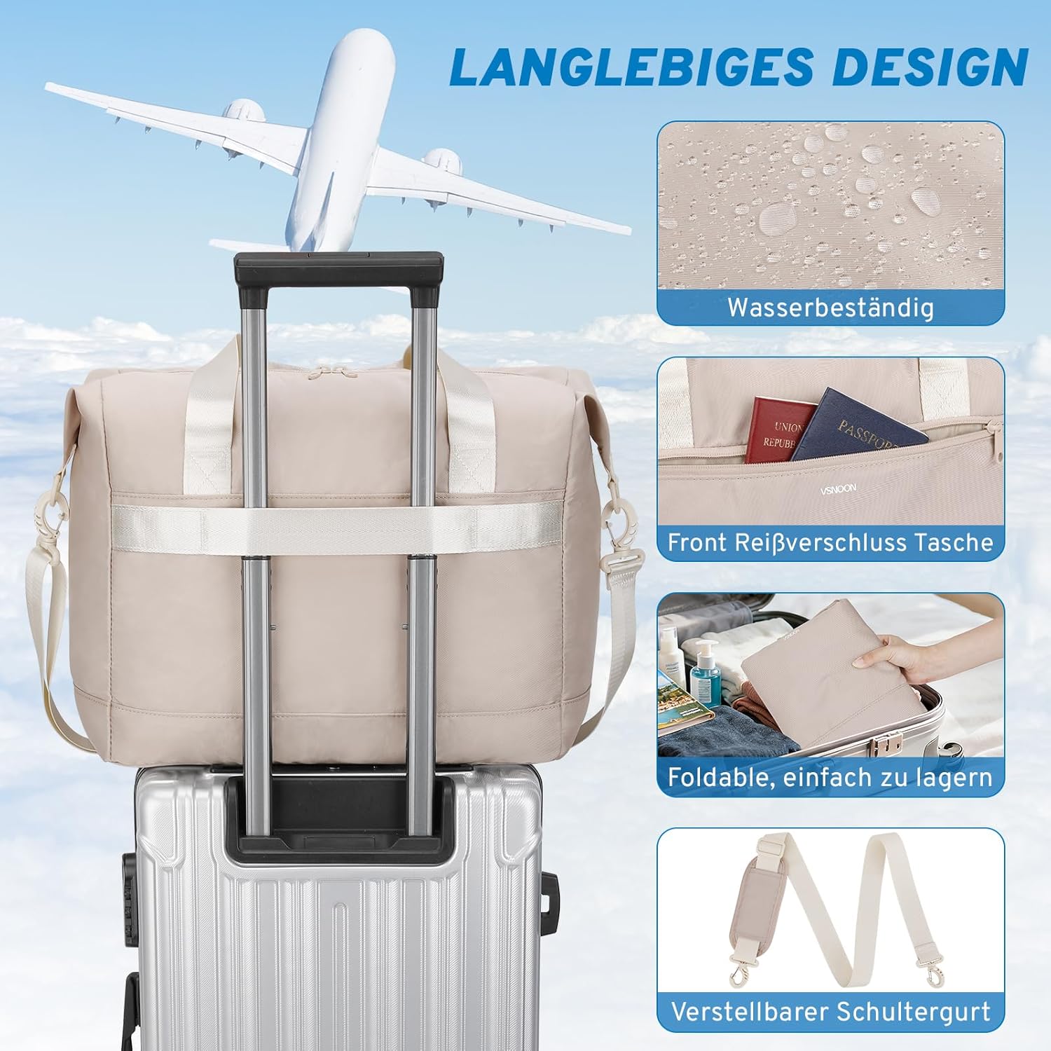 Detalle de VSNOON Handgepäck-Tasche 40x30x20 für Ryanair (40 × 30 × 20 cm), faltbar bis zu 25 l, Khaki