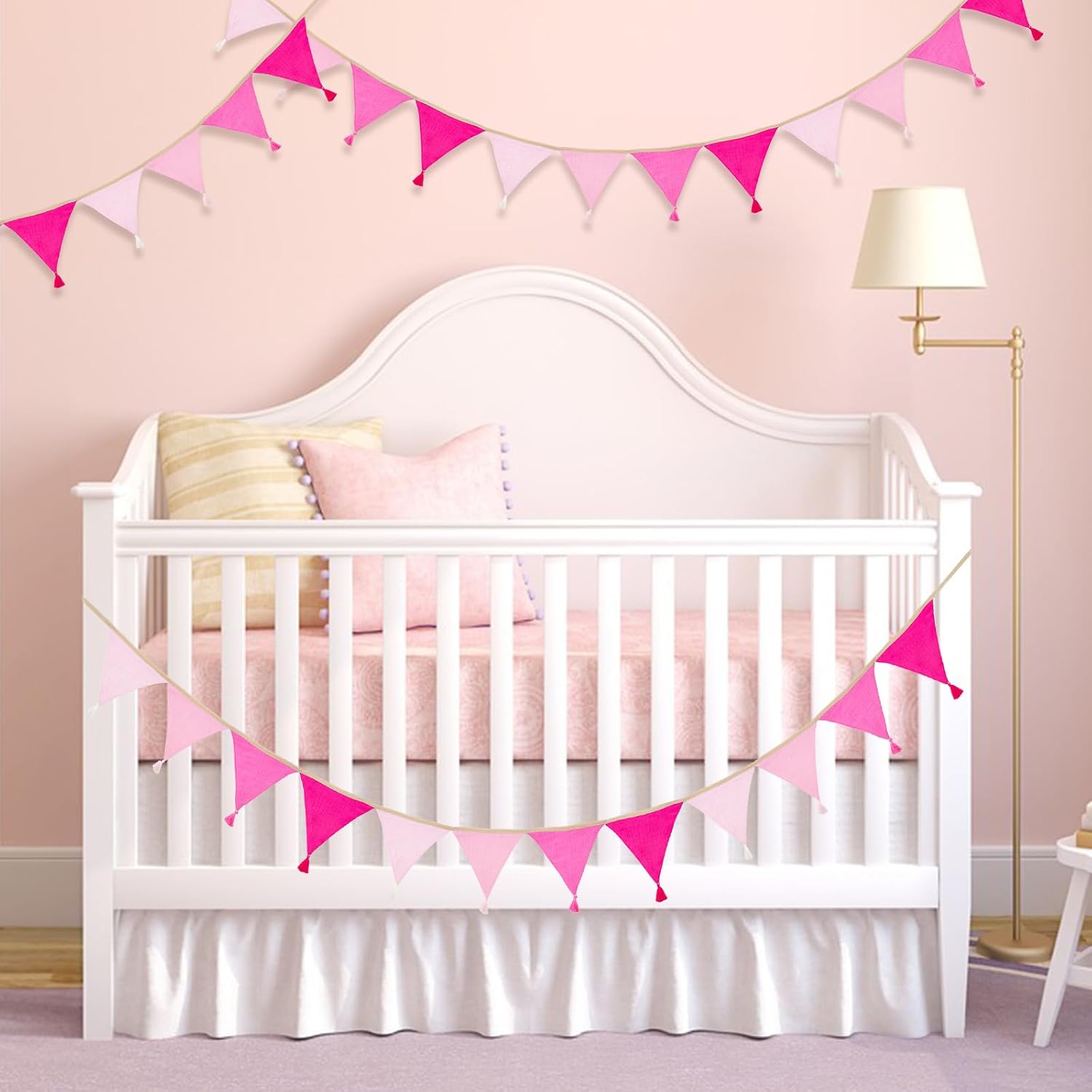Detalle de jijAcraft Musselin-Wimpelkette fürs Kinderzimmer (rosa) mit Quasten, 2,8 m