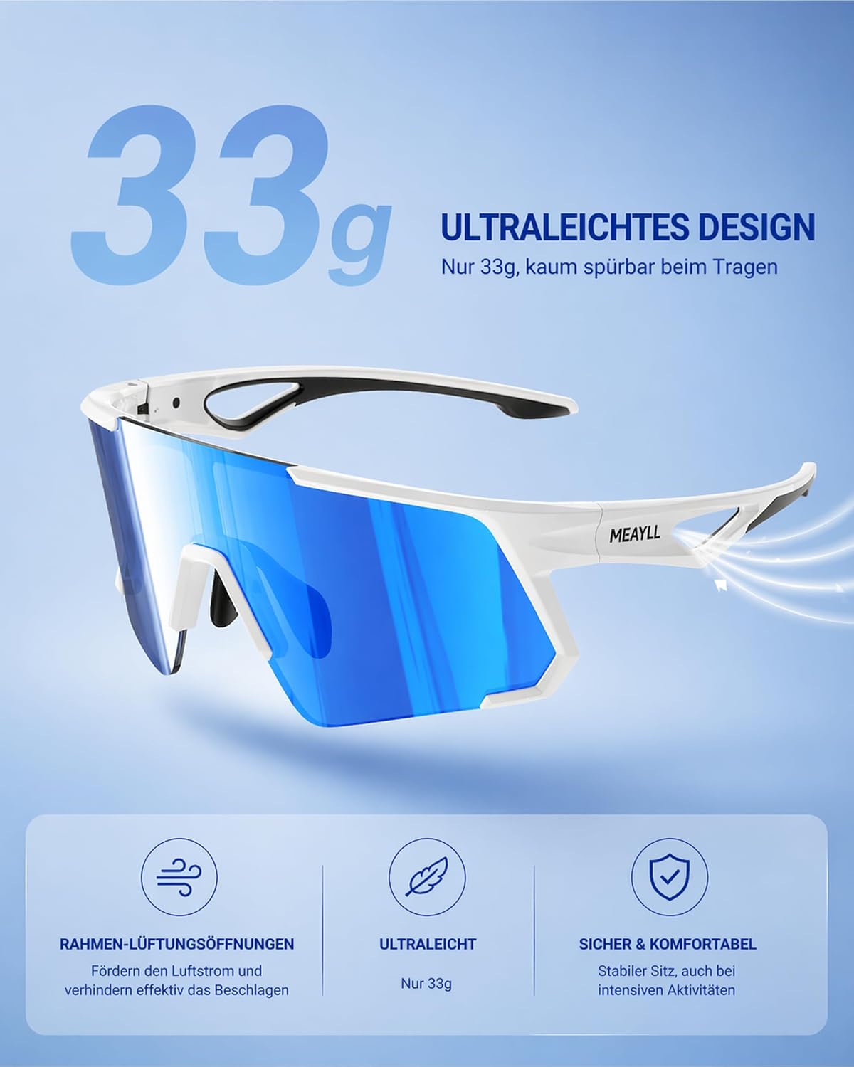 Detalle 2 de Meayll Fahrradbrille Herren Damen – UV400 Schutz, TR90 Rahmen, verstellbare Nasenpads