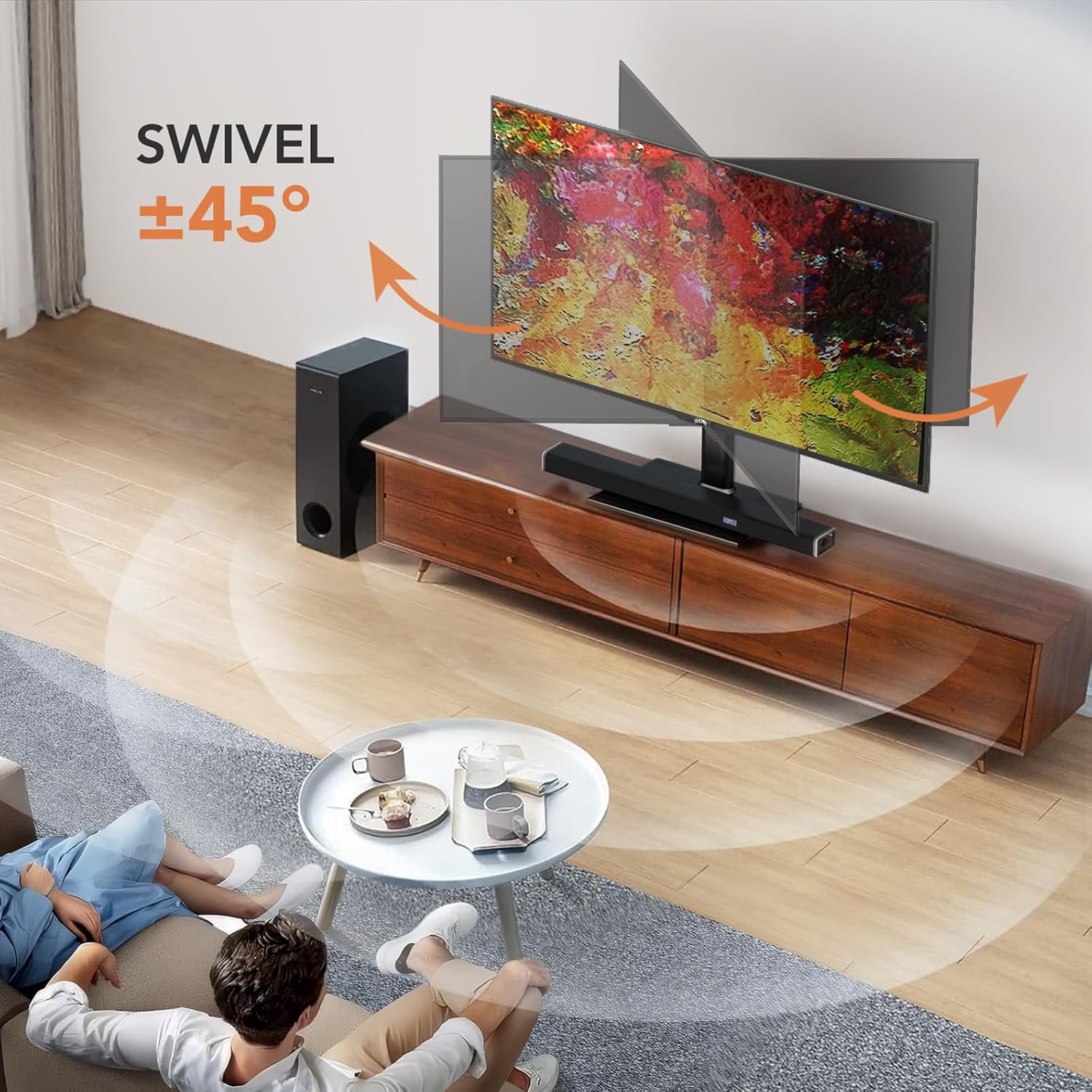 Detalle 2 de Universal Schwenk TV Ständer/Fuß – Tischstandfuß für 21–43 Zoll TVs (bis 45 kg) mit 90° Schwenk, 4-stufiger Höhenverstellung und Glasboden