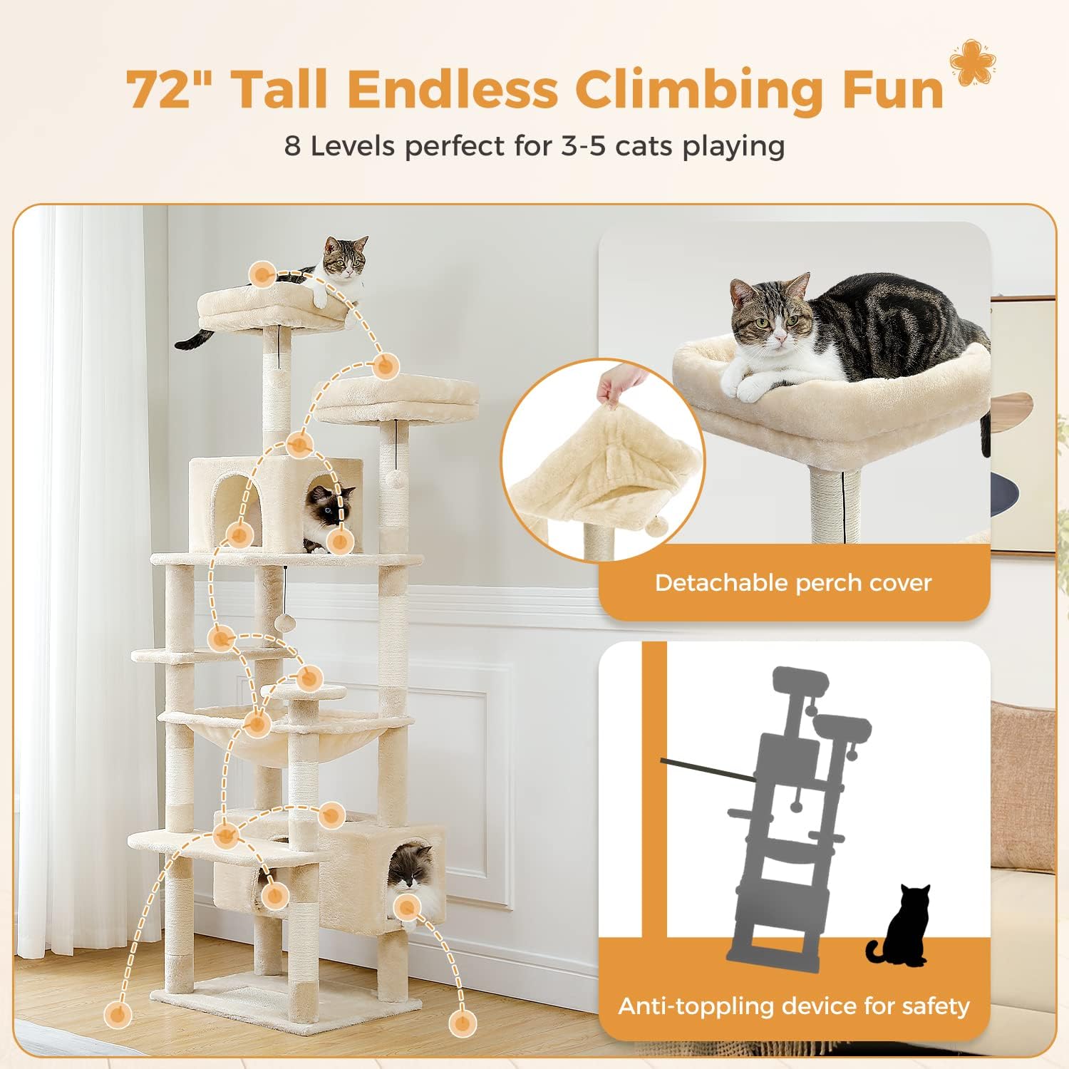 Detalle 2 de PAWZ Road AM01-AMT0204BG Cat Tree, 72.4-Inch Tower with Hammock and Sisal Posts