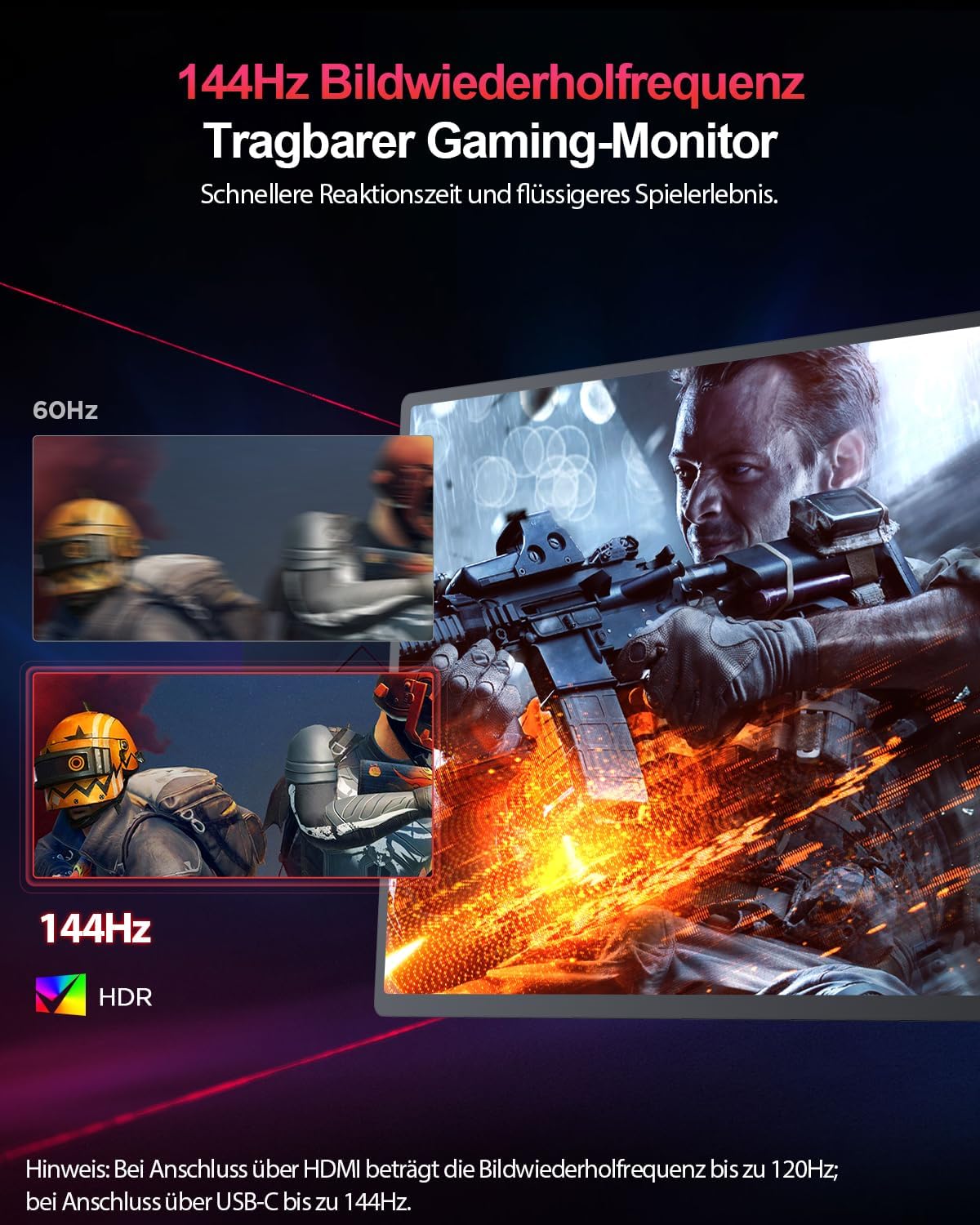 Detalle de UPERFECT 2K 144Hz 16 Zoll Portable Monitor – 2560x1600, 16:10, QLED, 2x USB‑C, Mini HDMI, VESA-kompatibel