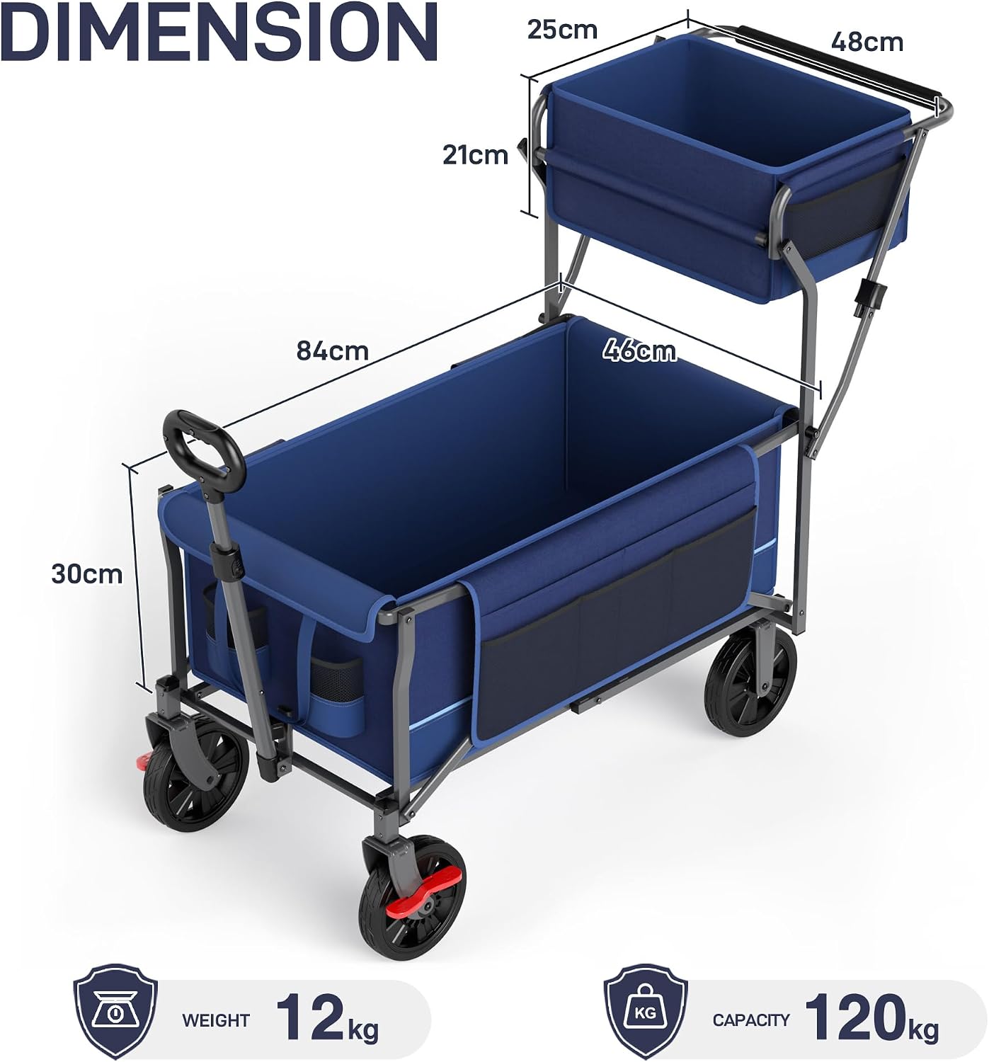 Thumbnail 2 de EVER ADVANCED Folding Push & Pull Trolley with Brake – 150L Open Carriage, 25L Basket, 100 kg Capacity (Blue)