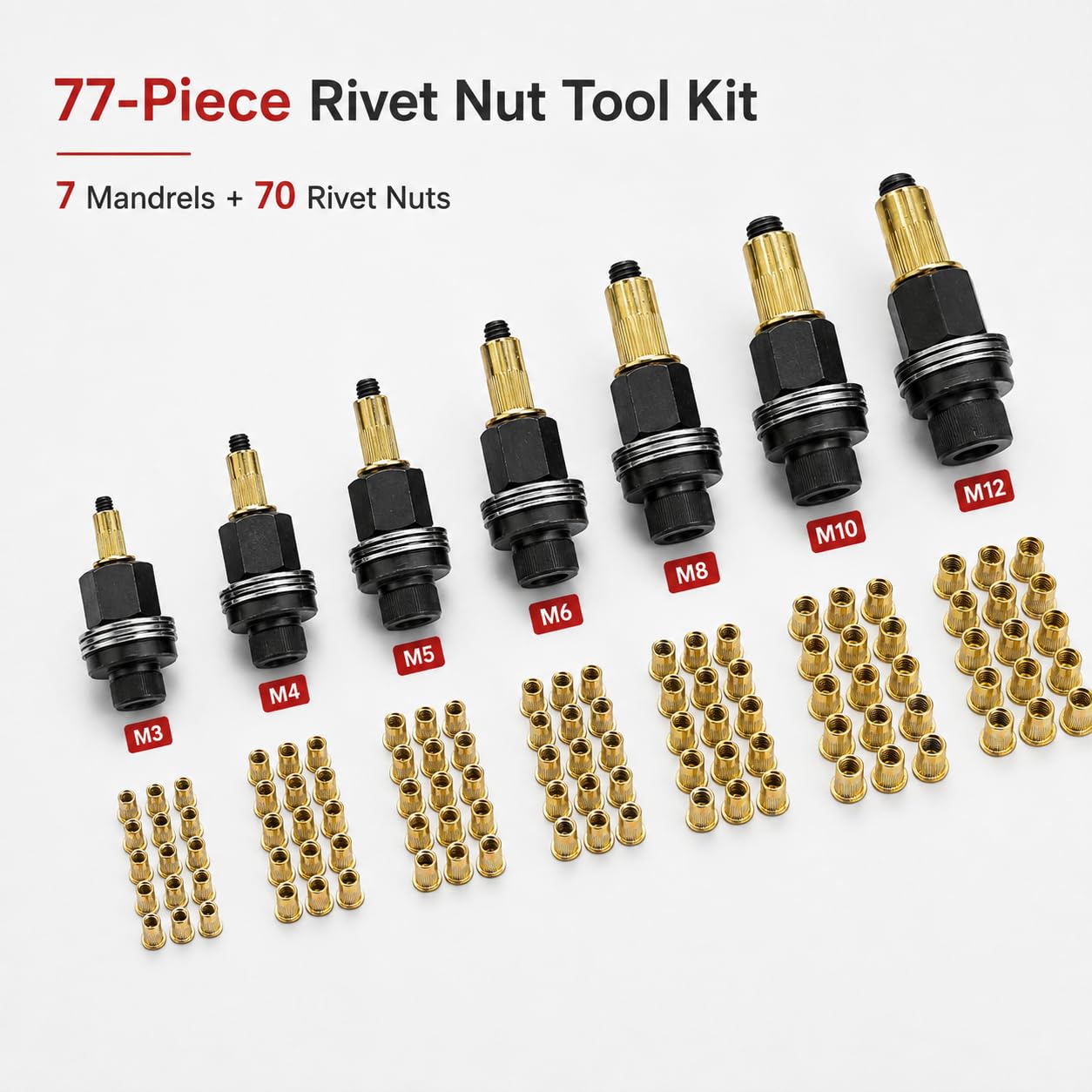 Detalle 1 de KNUKPE 77-Piece Rivet Nut Tool Kit, M3–M12, Carbon Steel Mandrels