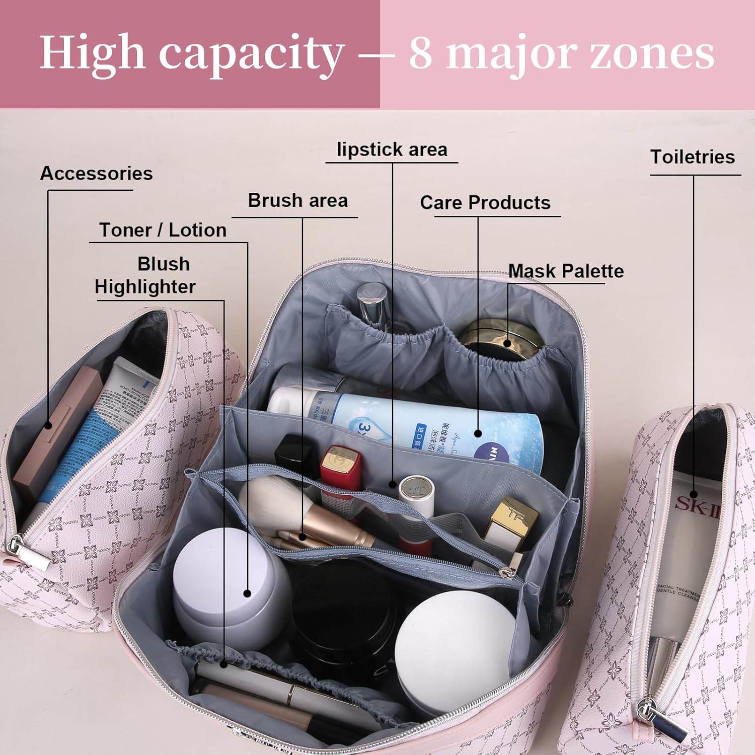Thumbnail 4 de BOYATU Travel Makeup Bag Set (3-Piece) – Large Capacity, Vegan Leather, Pink