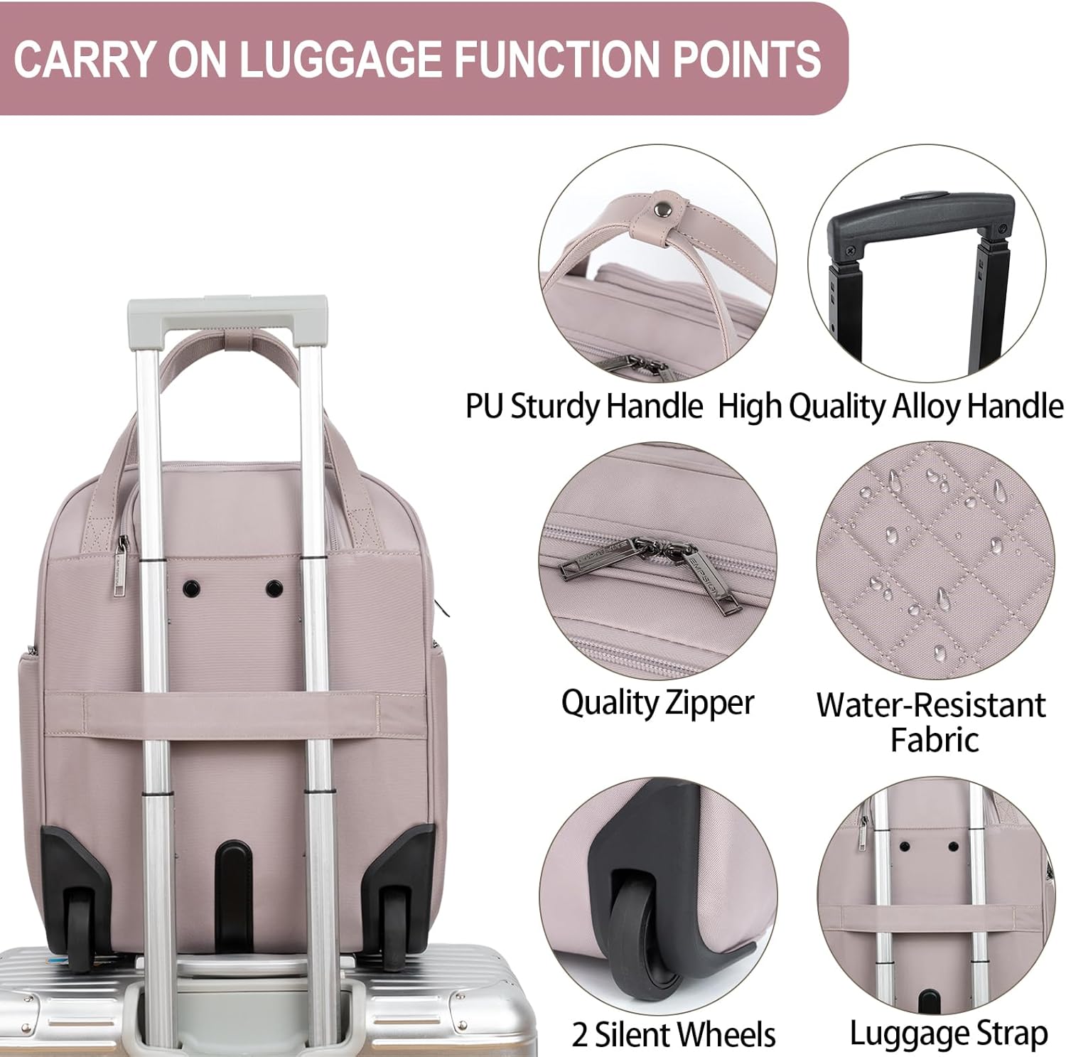 Detalle de EMPSIGN Handgepäcktasche mit Rädern unter dem Sitz (40,6 cm) – Dusty Pink