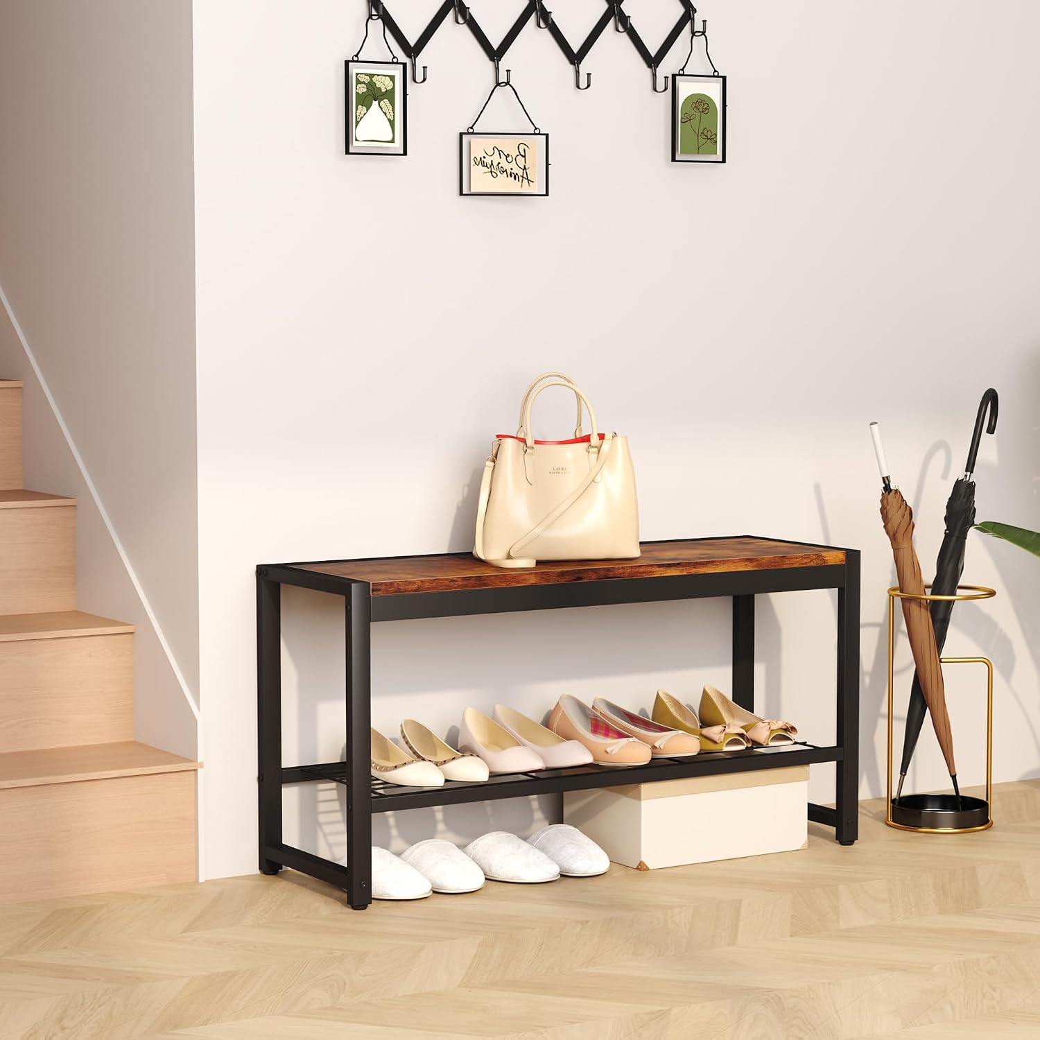 Detalle 2 de HOMEFORT HB-XD572-A-BBR03 Shoe Bench, Rustic Brown MDF Top and Metal Frame