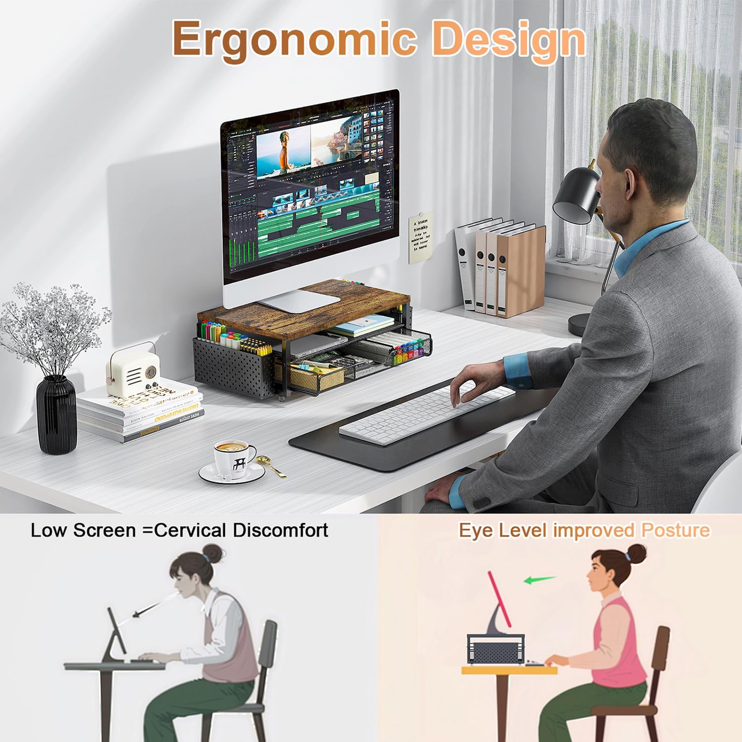 Detalle 2 de Monitor riser desk organiser with drawer