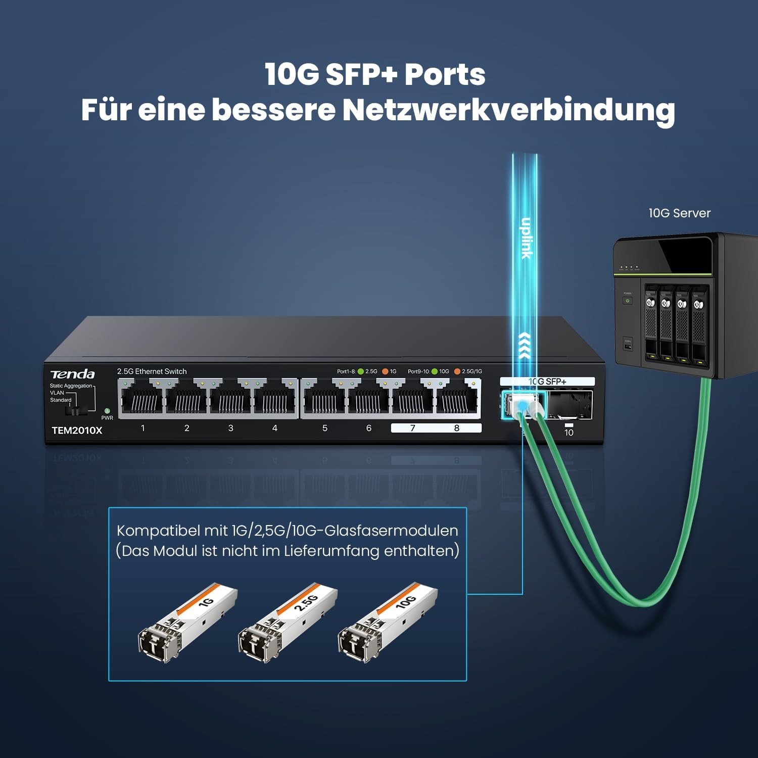 Thumbnail 2 de Tenda TEM2010X 2,5-GBit-Switch mit 8x 2,5G RJ45 und 2x 10G SFP+ (VLAN, statische Aggregation, lüfterlos, Desktop-/Wandmontage)