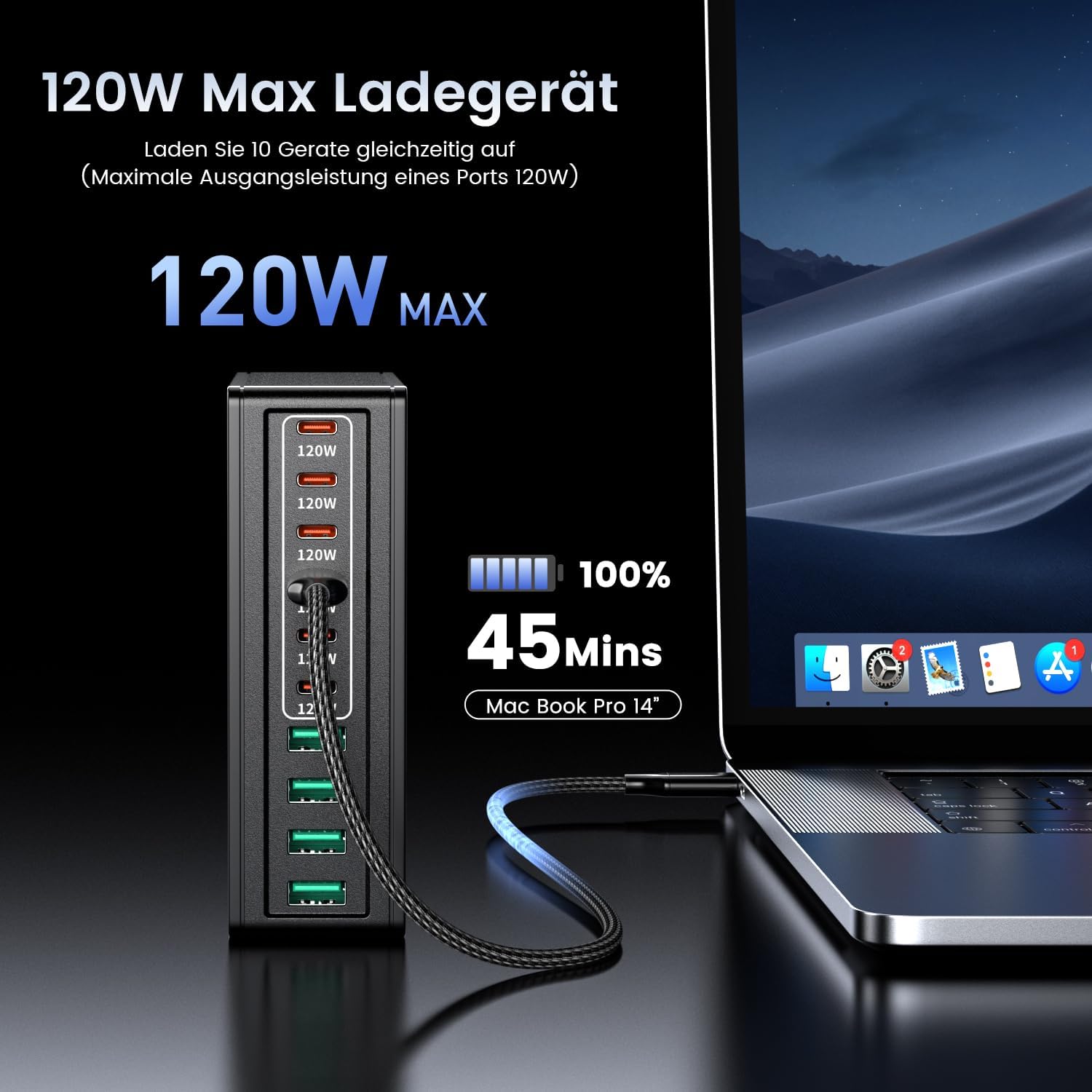 Detalle de HSSNS 700W Ladegerät – 10-Port GaN Schnellladegerät mit 6 USB-C Ports und 4 USB-A Ports (PD & PPS) für MacBook, iPad & iPhone