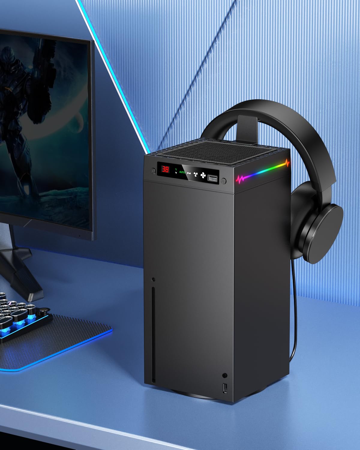 Thumbnail 6 de [LED Display] Auto Cooling Fan for Xbox Series X with 9 RGB Lights—Adjustable Temperature Cooling, USB Hub & Headset Hook