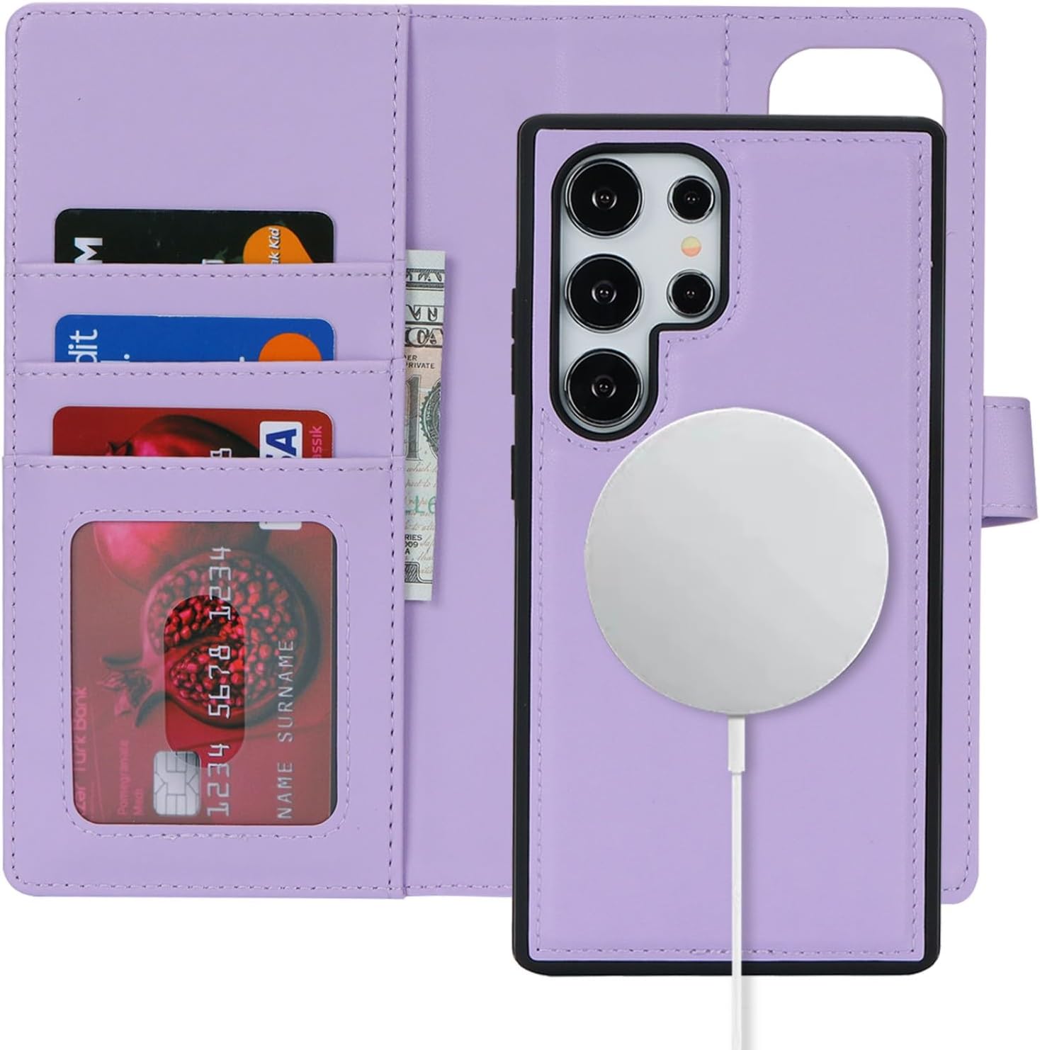 Zouzt Case for Samsung Galaxy S24 Ultra: Detachable 2-in-1 Wallet Magnetic Case with Card Holder, Kickstand, and PU Leather — Purple