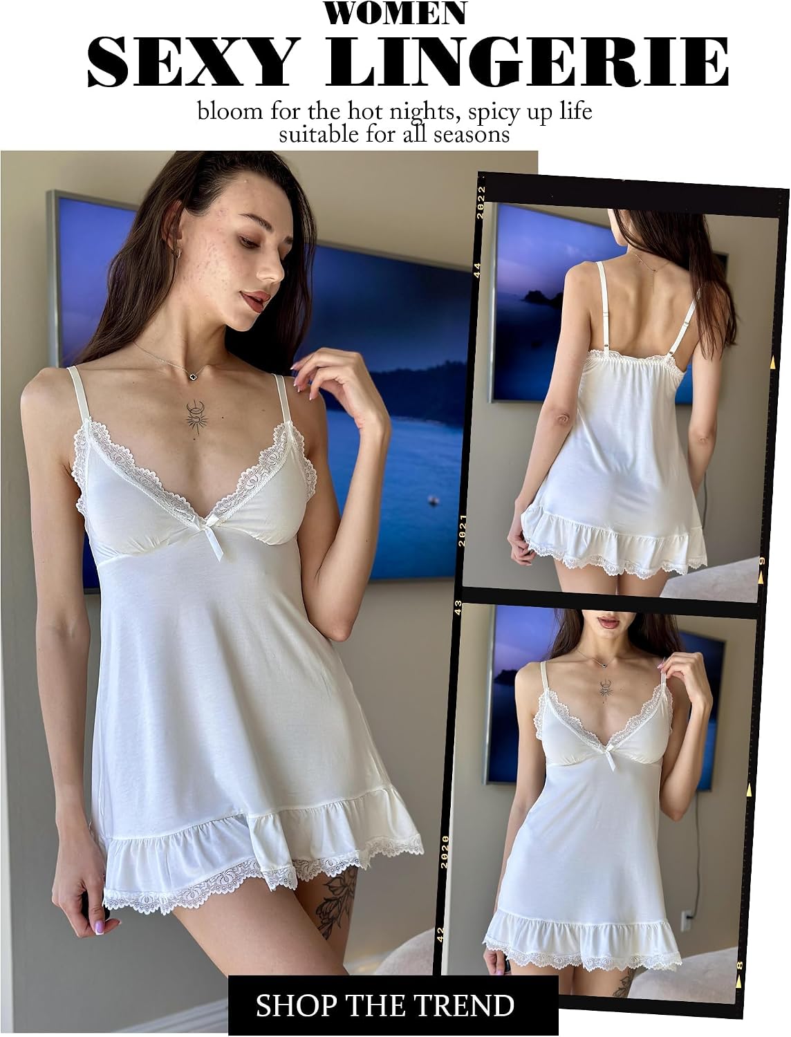 Detalle 2 de Avidlove Lace V-Neck Modal Chemise Nightgown with Floral Lace Trim