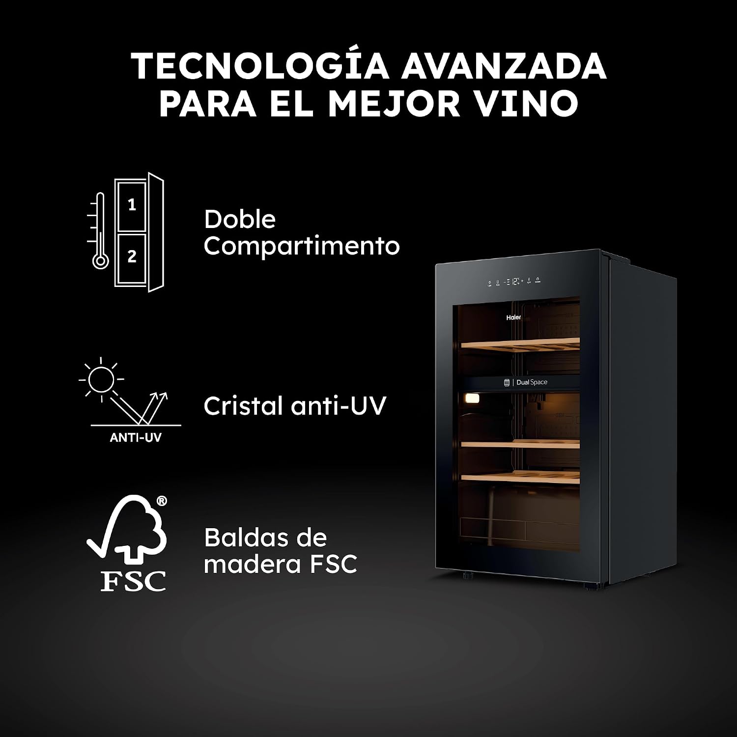 Detalle de Haier Wine Bank 50 Series 5 HWS32GDG: Vinoteca de 32 botellas con 2 zonas y filtro anti-UV