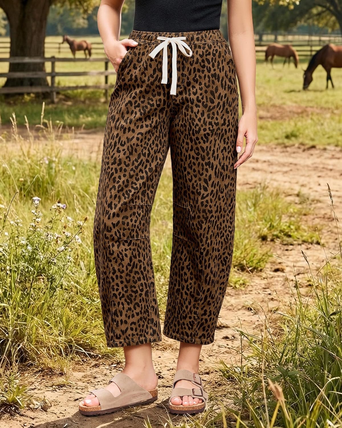 Thumbnail 1 de GRAPENT Barrel Jeans for Women: High-Waisted, Pull-On Wide-Leg Cropped Jeans in Leopard Print
