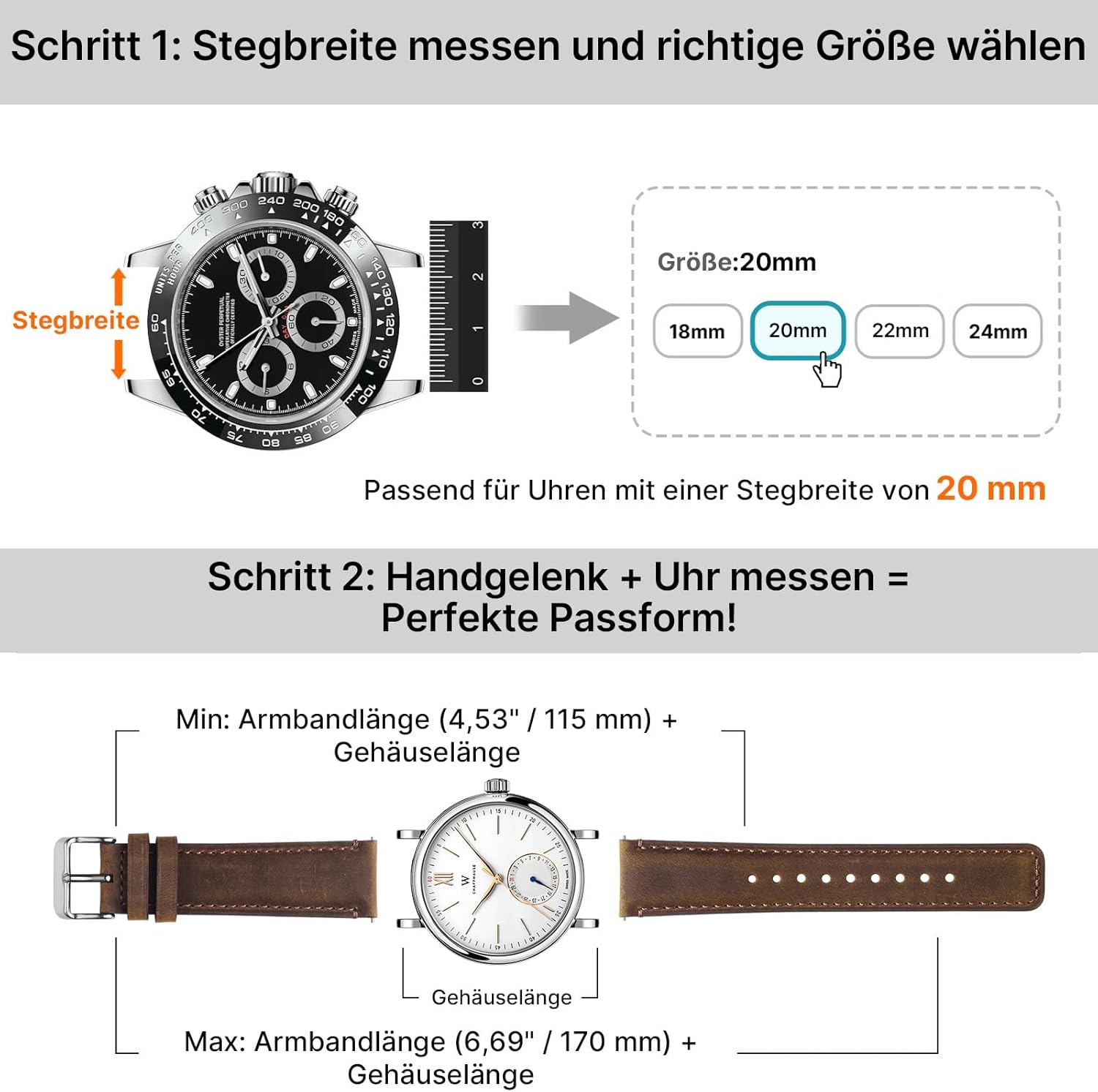 Thumbnail 3 de Fullmosa Echtleder Uhrenarmbänder 20 mm Quick-Release (2er Set) mit Edelstahlverschluss – Kaffe+Silber & Schwarz+Silber