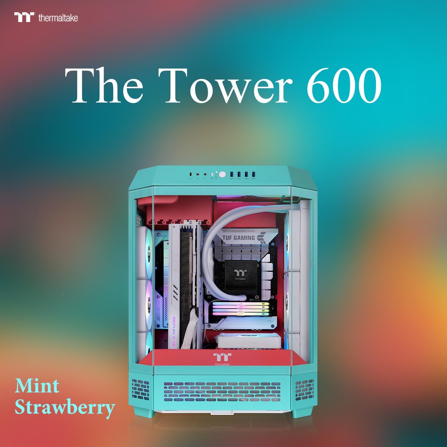 Detalle 2 de Thermaltake The Tower 600 Mint Strawberry ミドルタワーPCケース 3面強化ガラス・ATX対応