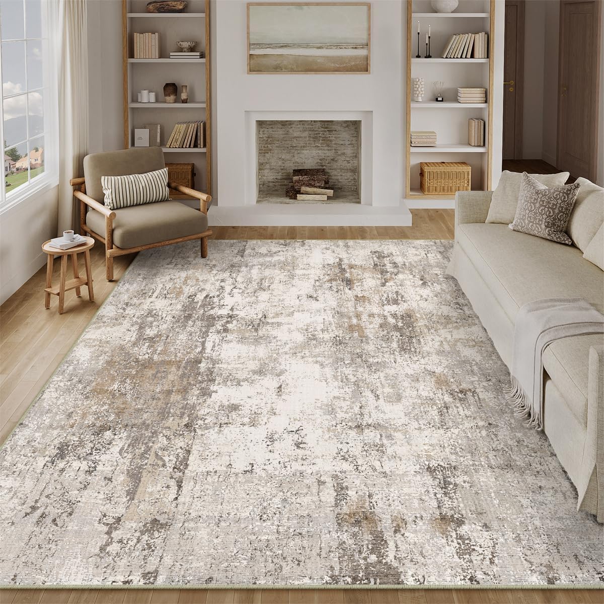 HUGEAR washable rug 90x150cm in grey/brown abstract design with non-slip TPR backing