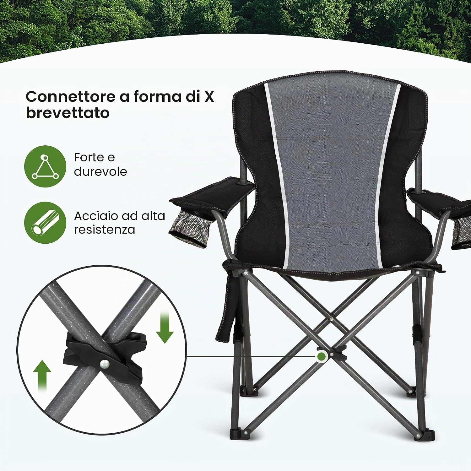 Detalle de HIGH POINT SPORTS Sedia Pieghevole da Campeggio Nero-Grigio 160KG – 2 pezzi, seduta ampia e portabicchieri