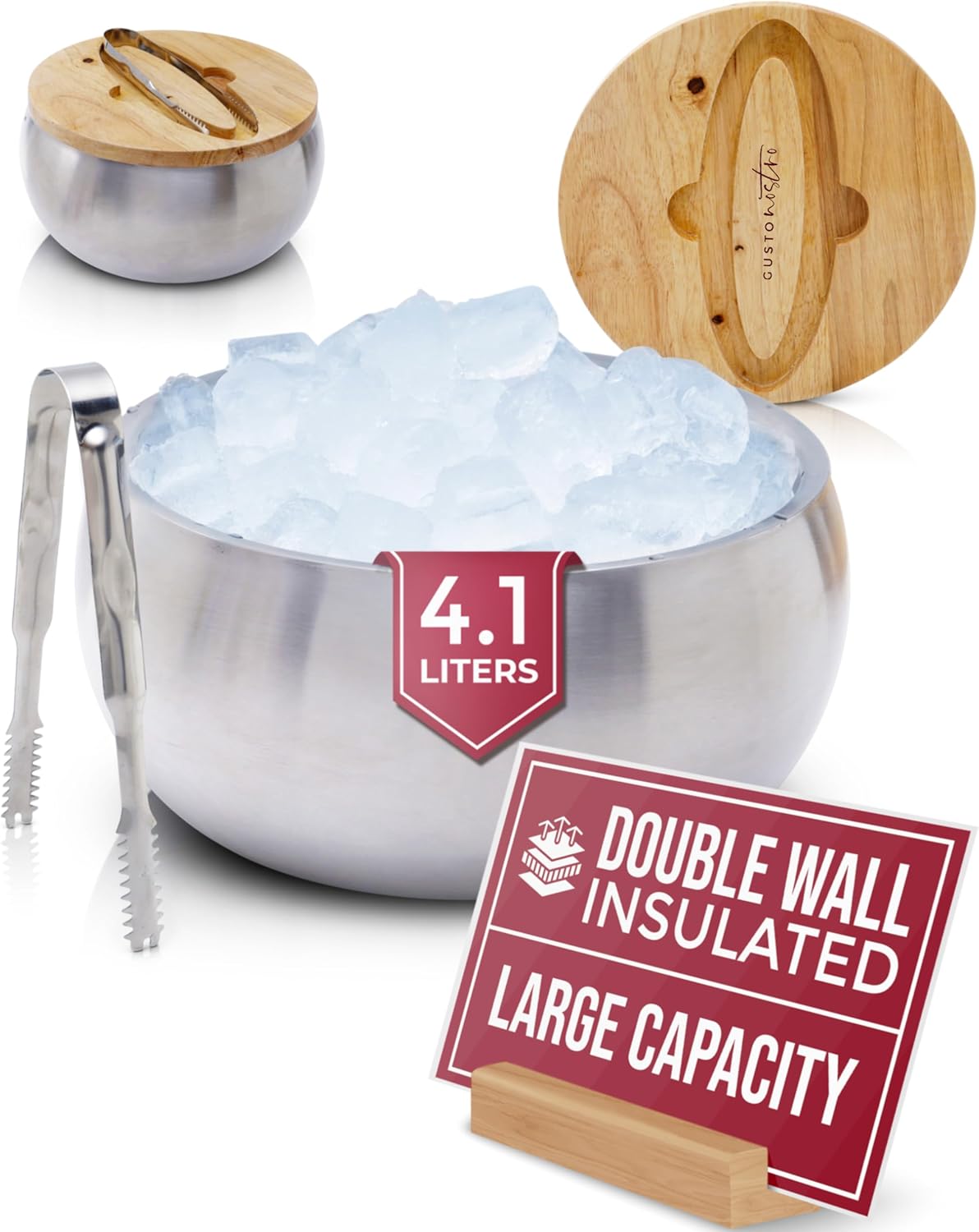 Gusto Nostro 4.1L Insulated Ice Bucket with Lid and Tongs (Double-Wall Stainless Steel)