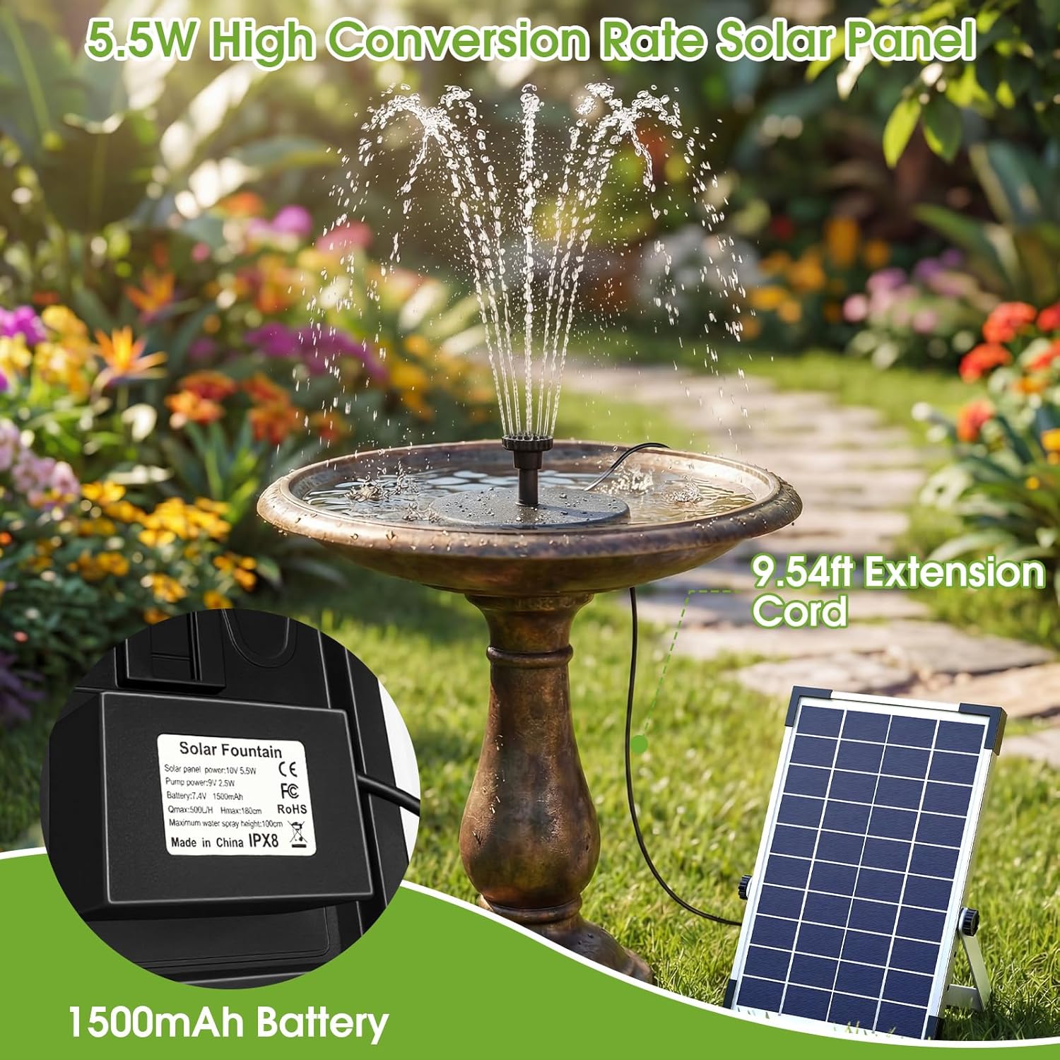 Detalle de AISITIN 5.5W Solar Fountain Pump: Backup Floating Water Fountain for Bird Baths, Ponds and More