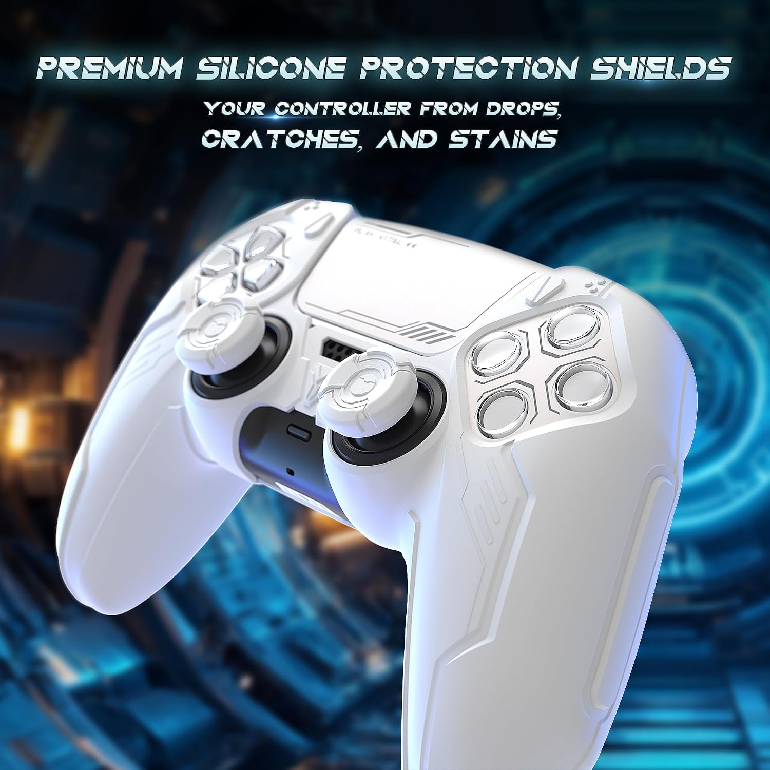 Detalle de playvital Mecha Edition Silicone Cover for PS5 Controller (White) with Joystick Caps & Stickers