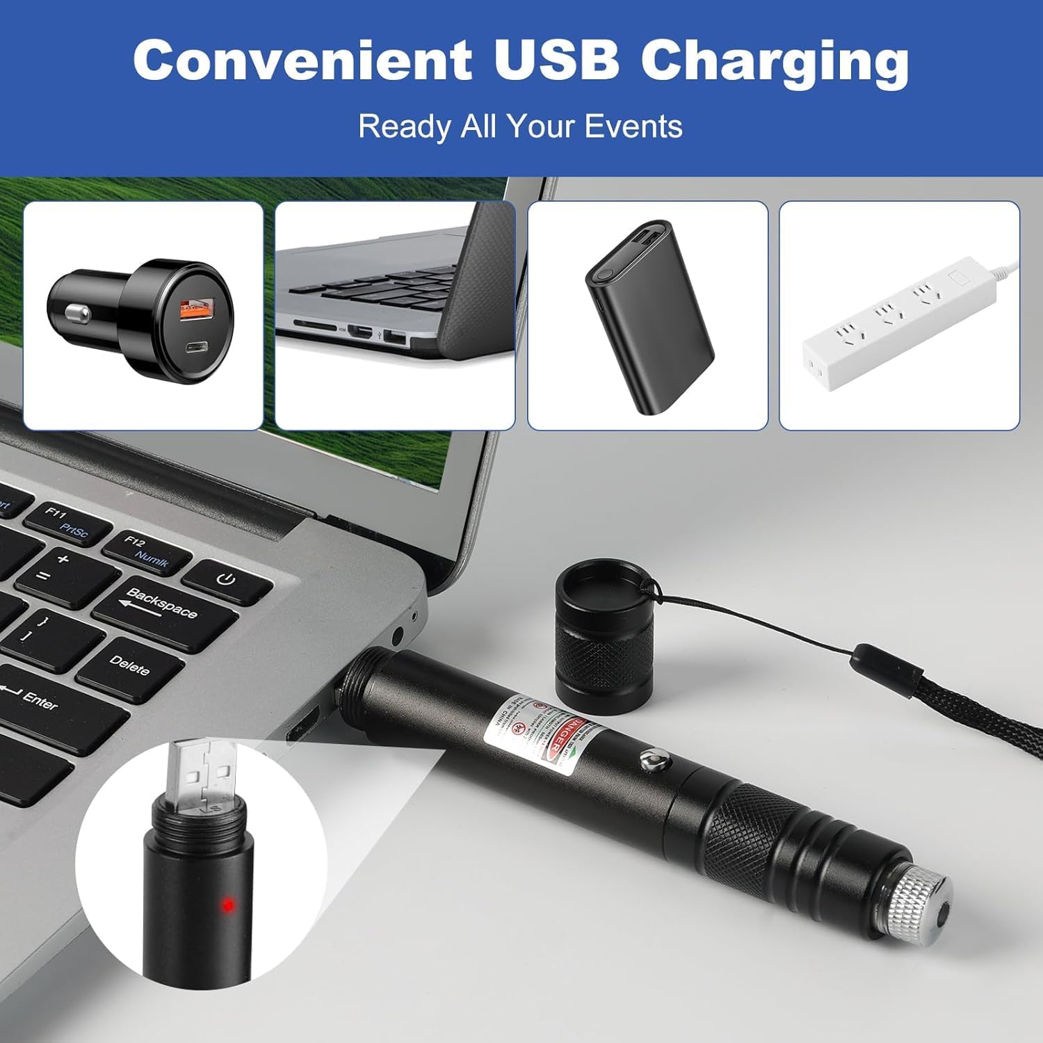 Detalle de Damflew 9343 Green Laser Pointer, USB-A Charging, Starry-Sky Cap
