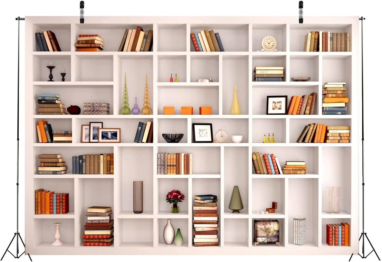 Detalle de BELECO Fotohintergrund als Bücherregal aus Stoff (2,1 x 1,5 m, Weiß) für Zoom, Videokonferenzen & Deko