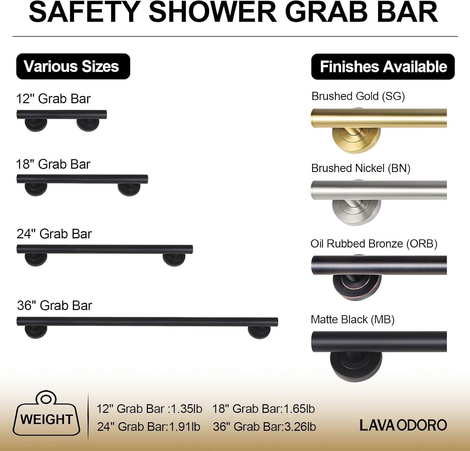 Detalle de Lava Odoro Shower Grab Bar Set (Matte Black, 3-Pack: 18", 24", 36")