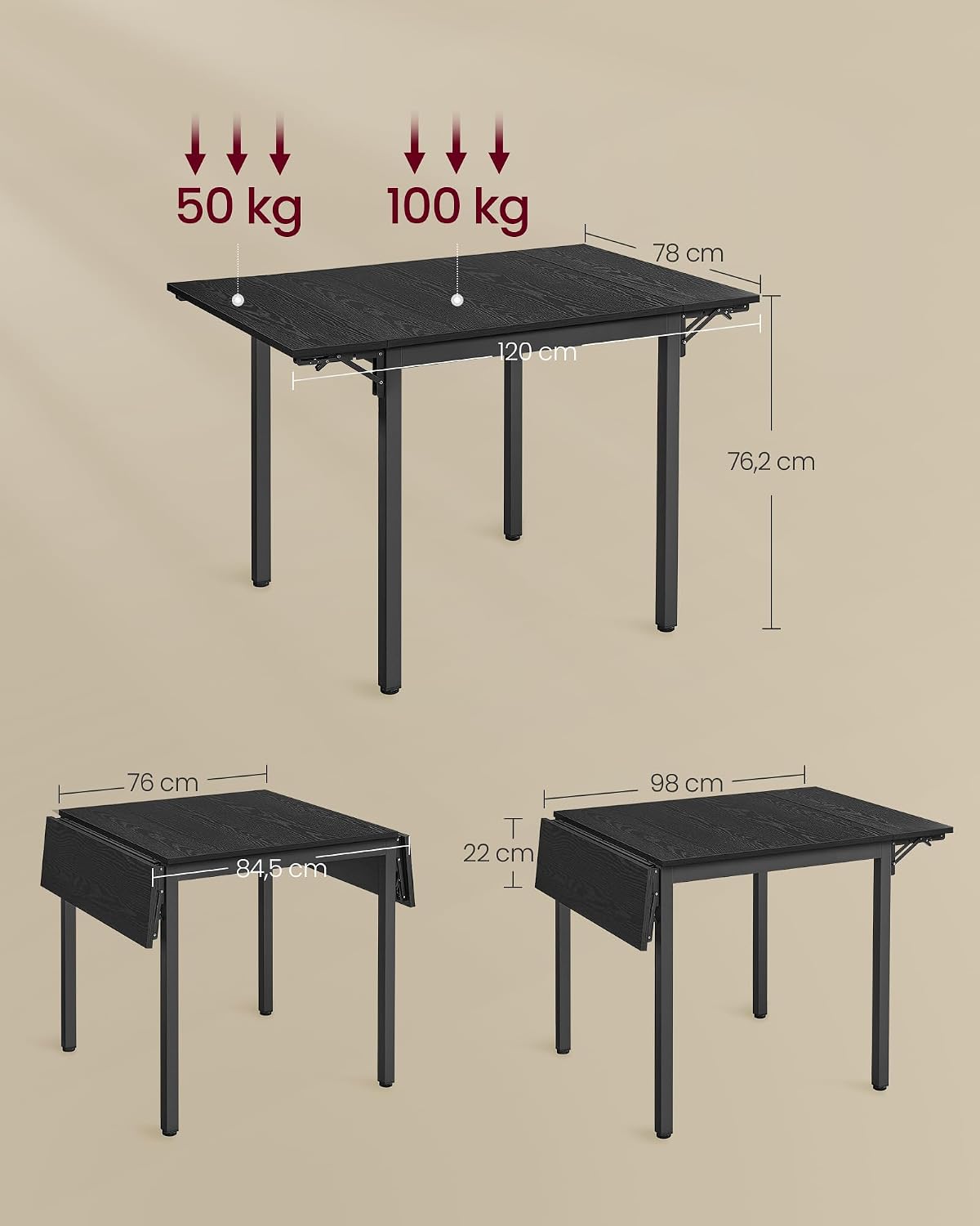 Detalle de VASAGLE BARNET KDT077B03 opklapbare eettafel voor 2-4 personen, zwart