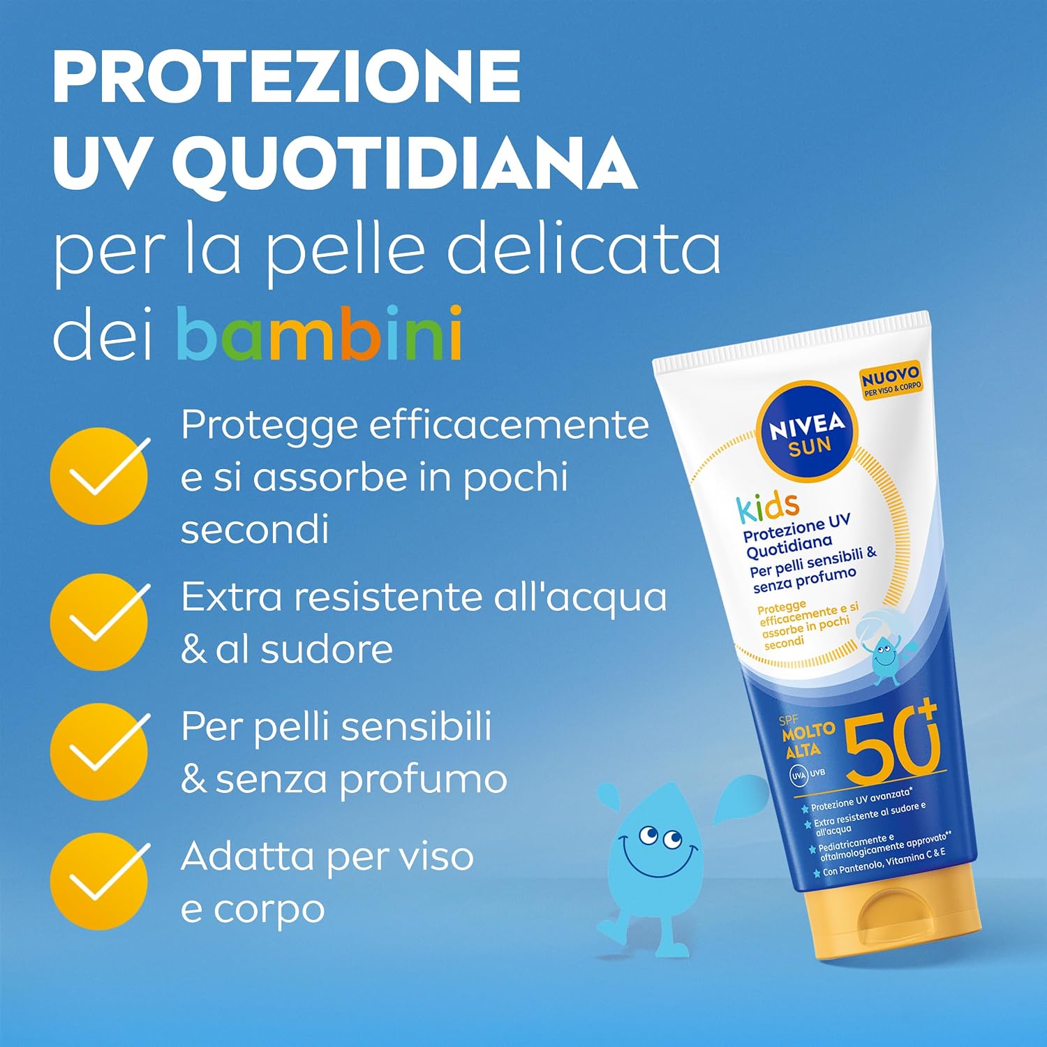 Detalle de NIVEA SUN Kids Protezione UV Quotidiana SPF 50+ – Crema solare viso e corpo per bambini 3+ anni, senza profumo, 100 ml