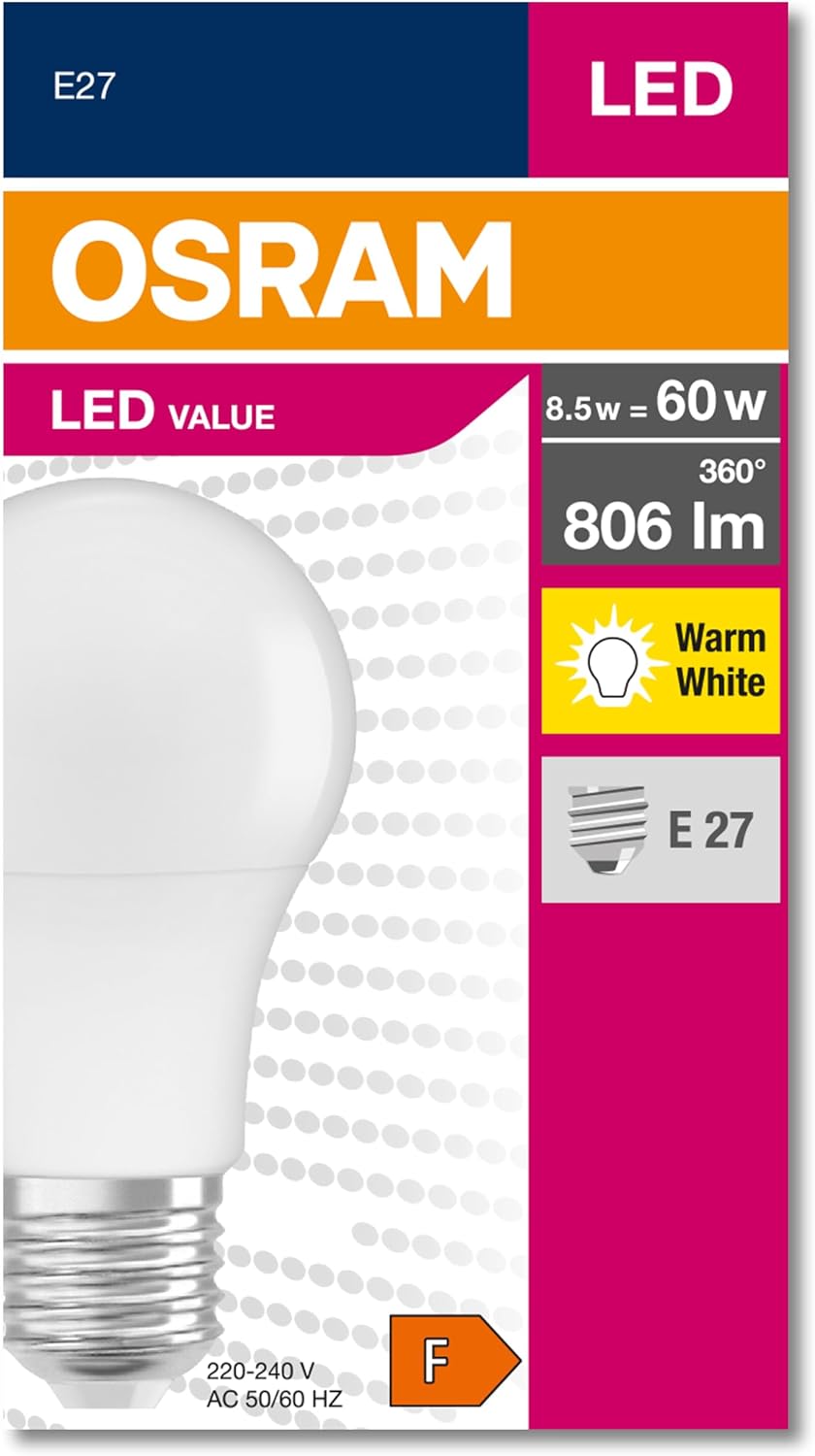 Detalle de OSRAM LED Aktions Lampe mit E27 Sockel, 2700K, 8,50W – Ersatz für 60W Glühbirne, 10er-Pack