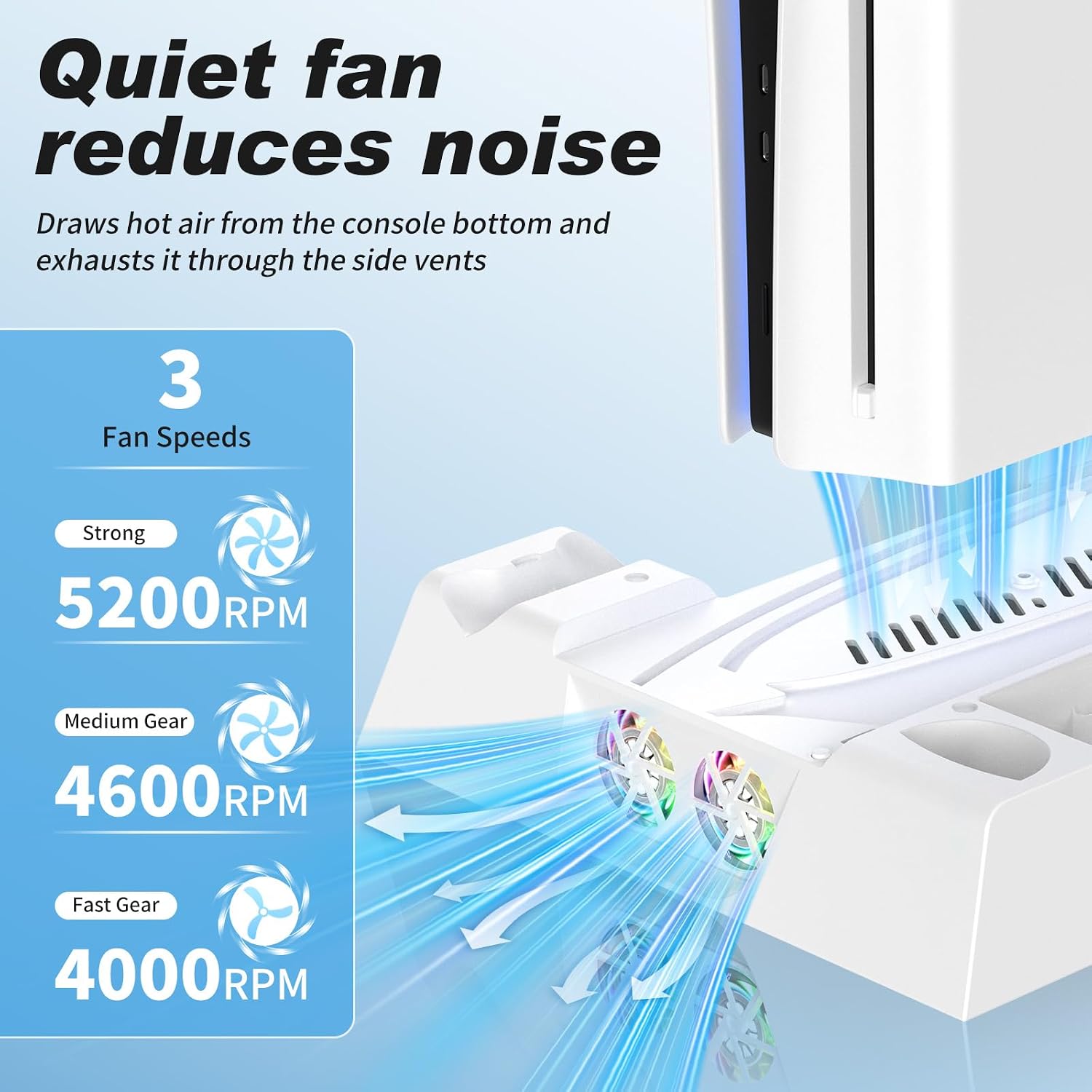 Detalle 2 de Nonbliep LED Stand and Cooling Station for PS5 (Digital/Disc, Slim, Pro) with Dual Controller Charging and 9-Disc Storage