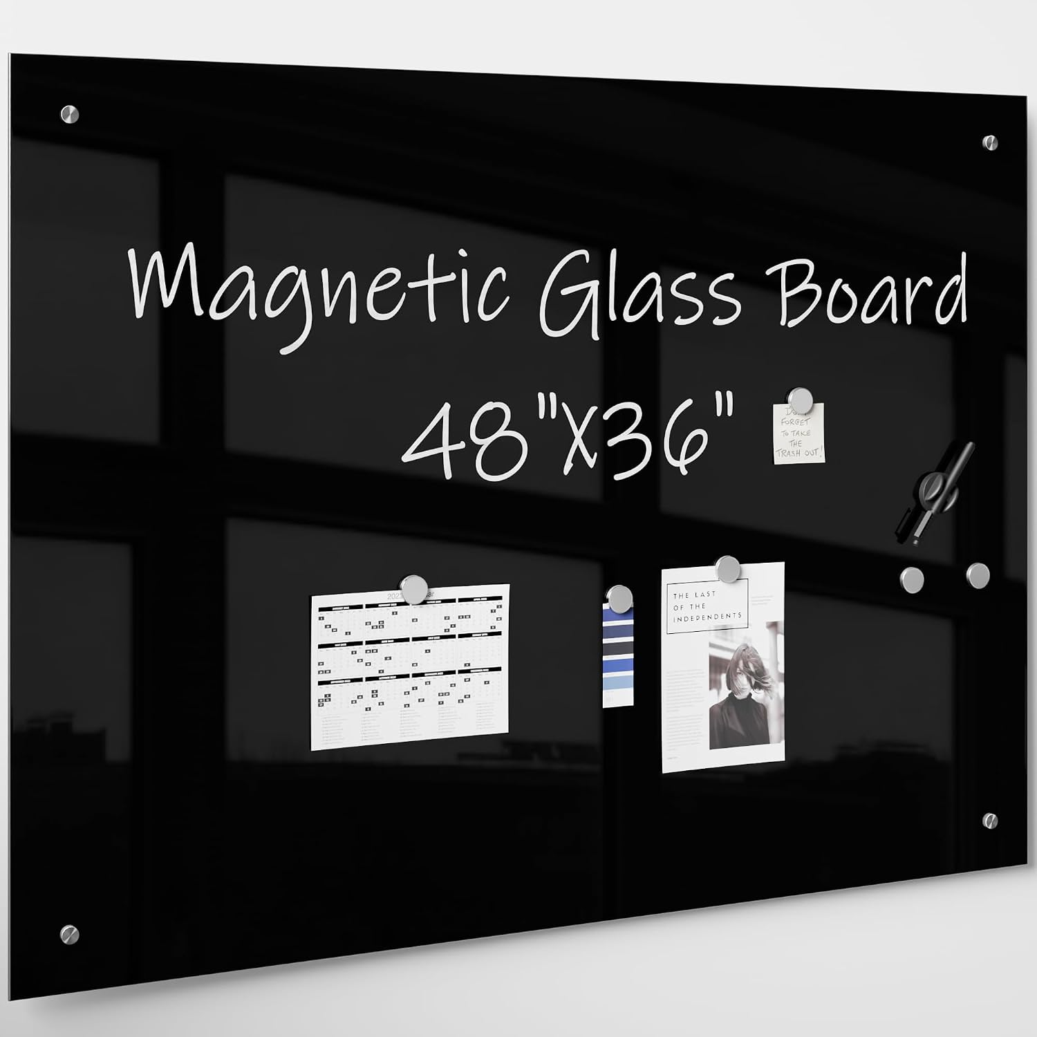Detalle de R&G Magnetic Glass Whiteboard, 48 x 36 in, Black Frameless Dry Erase