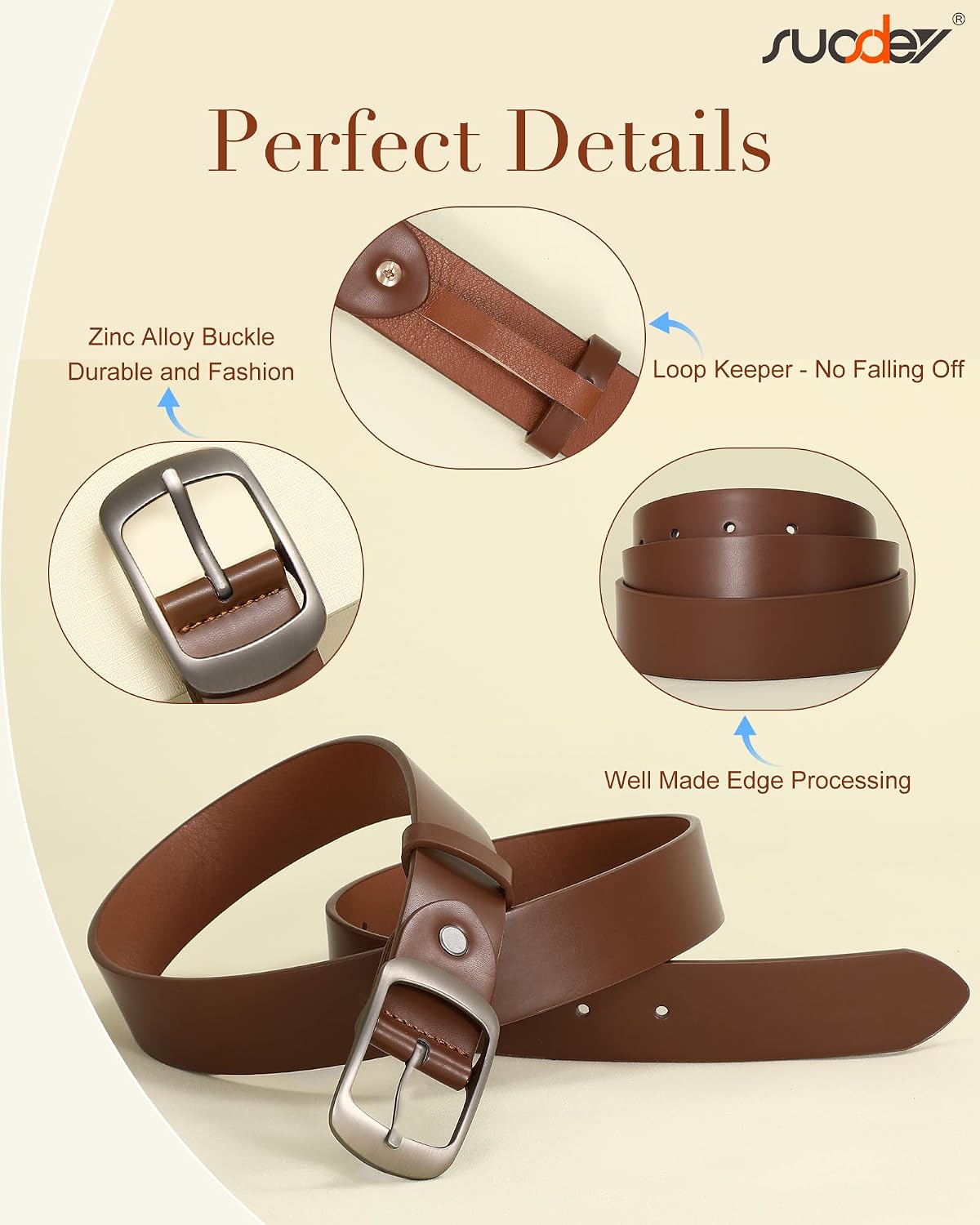 Detalle de SUOSDEY Women's 1.3-Inch Faux Leather Belt with Adjustable Length
