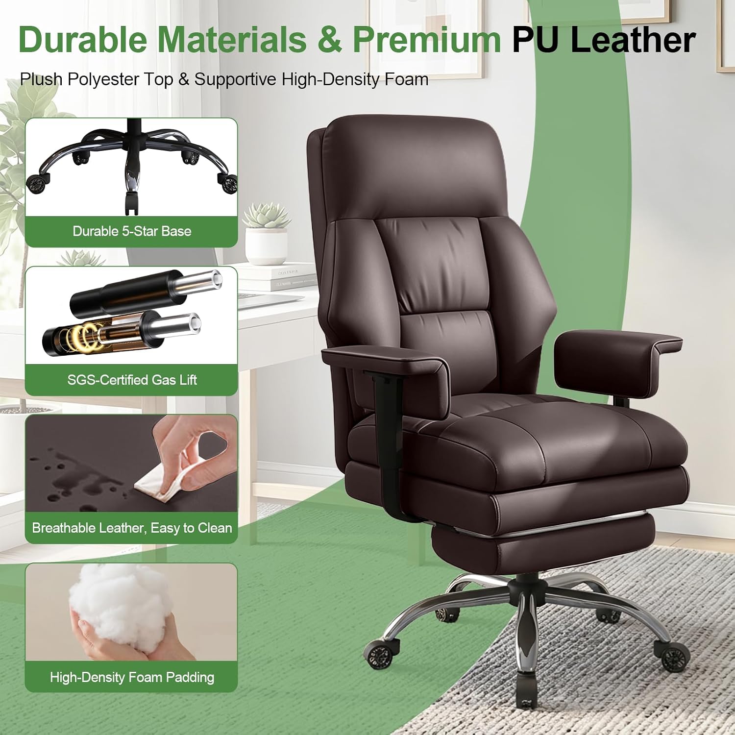 Detalle de XUEGW 850-Brown Executive Office Chair, 135° Recline and Retractable Footrest