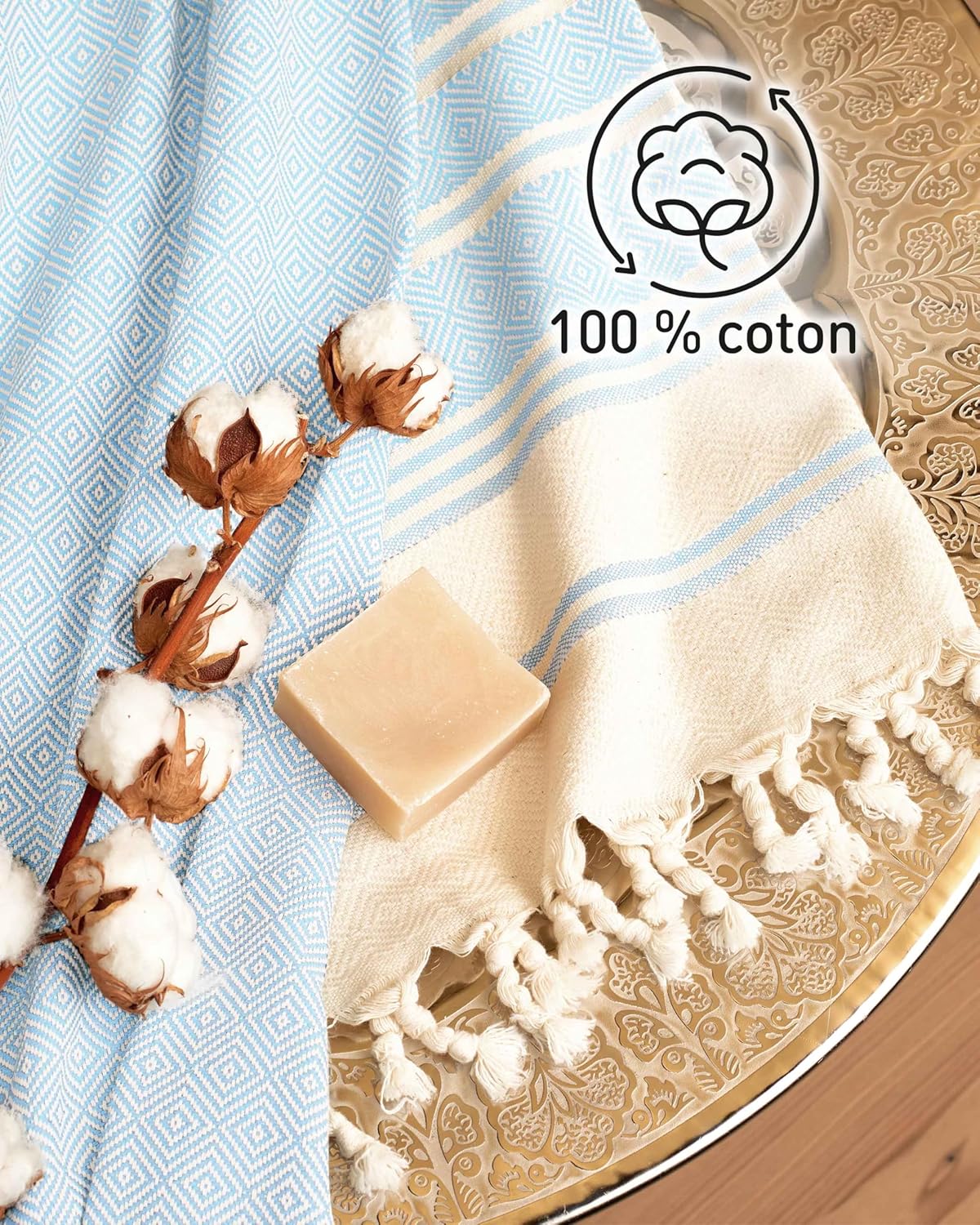 Thumbnail 4 de Fit-Flip Fouta en coton 100% hammam 100x200 cm Diamond – serviette de plage légère à séchage rapide, bleu glacé