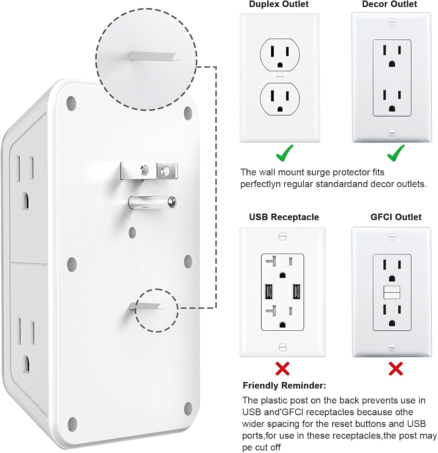 Thumbnail 6 de JcBlaon SE660-CUQ Outlet Extender, 6 AC Outlets, 4 USB Ports, 1050J Surge Protection