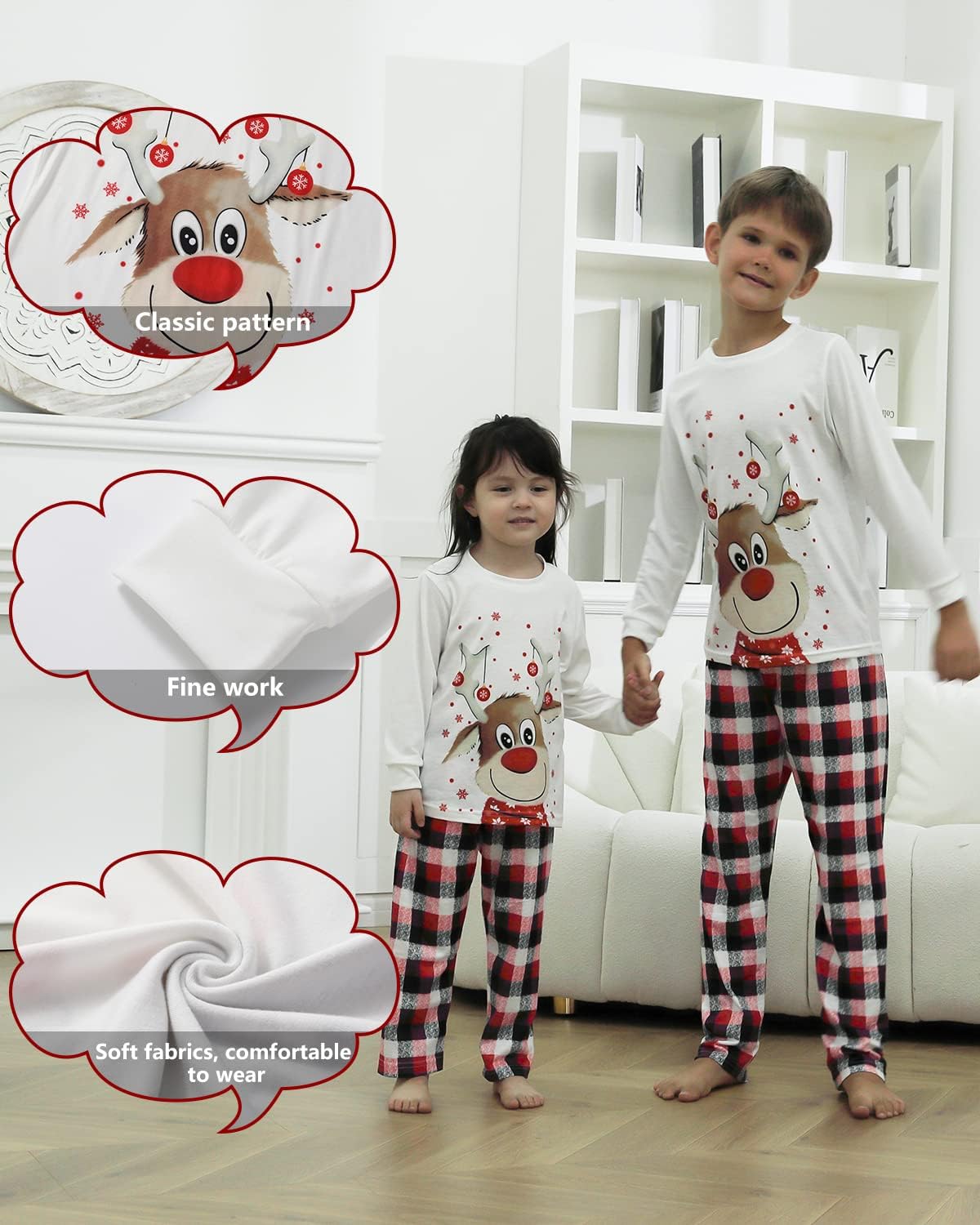 Detalle de Sizet Family Christmas Pyjama Set with Reindeer Print and Red Plaid Pants