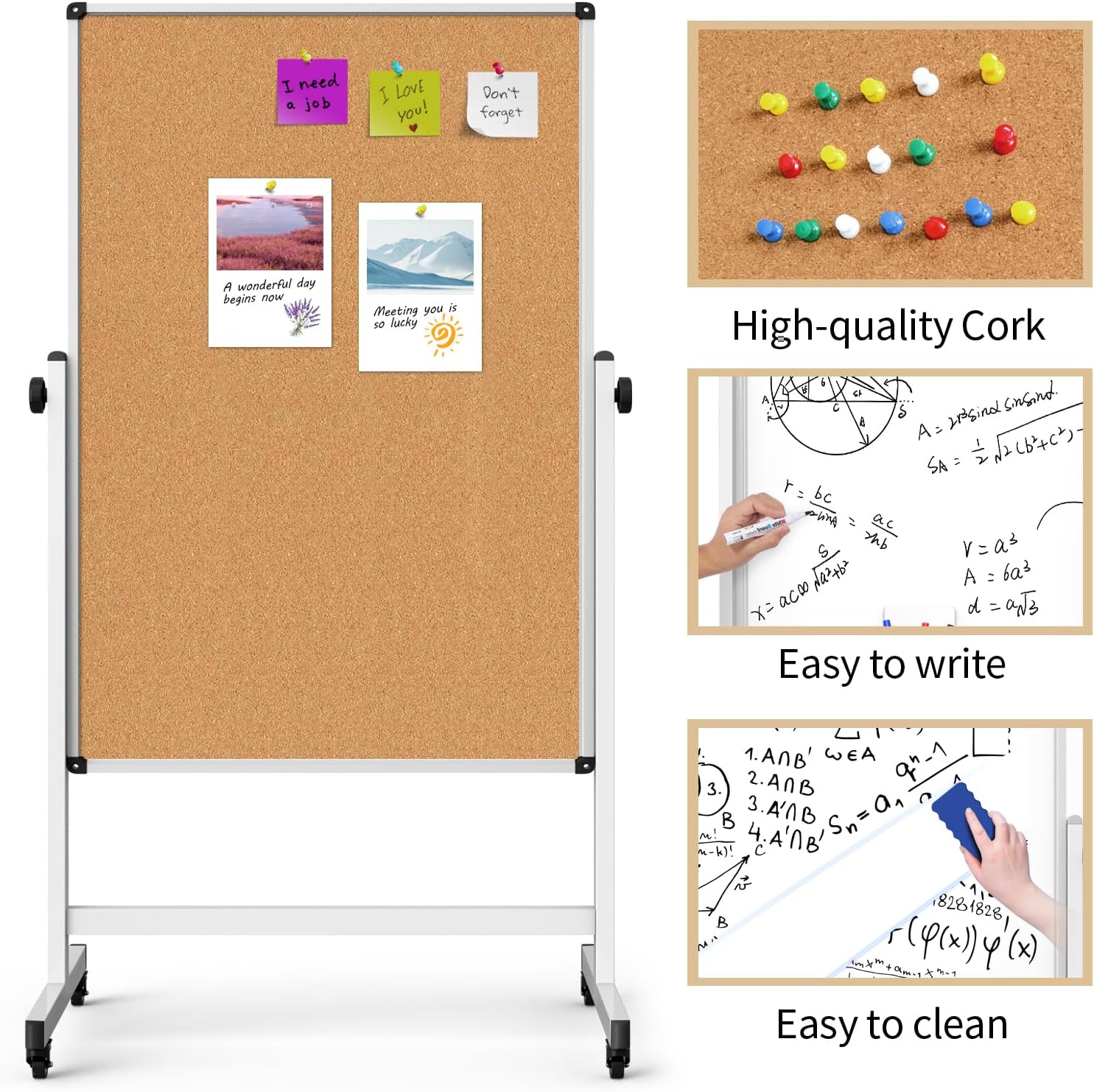 Detalle 2 de Rolling Whiteboard and Cork Board Combo, 32 x 48