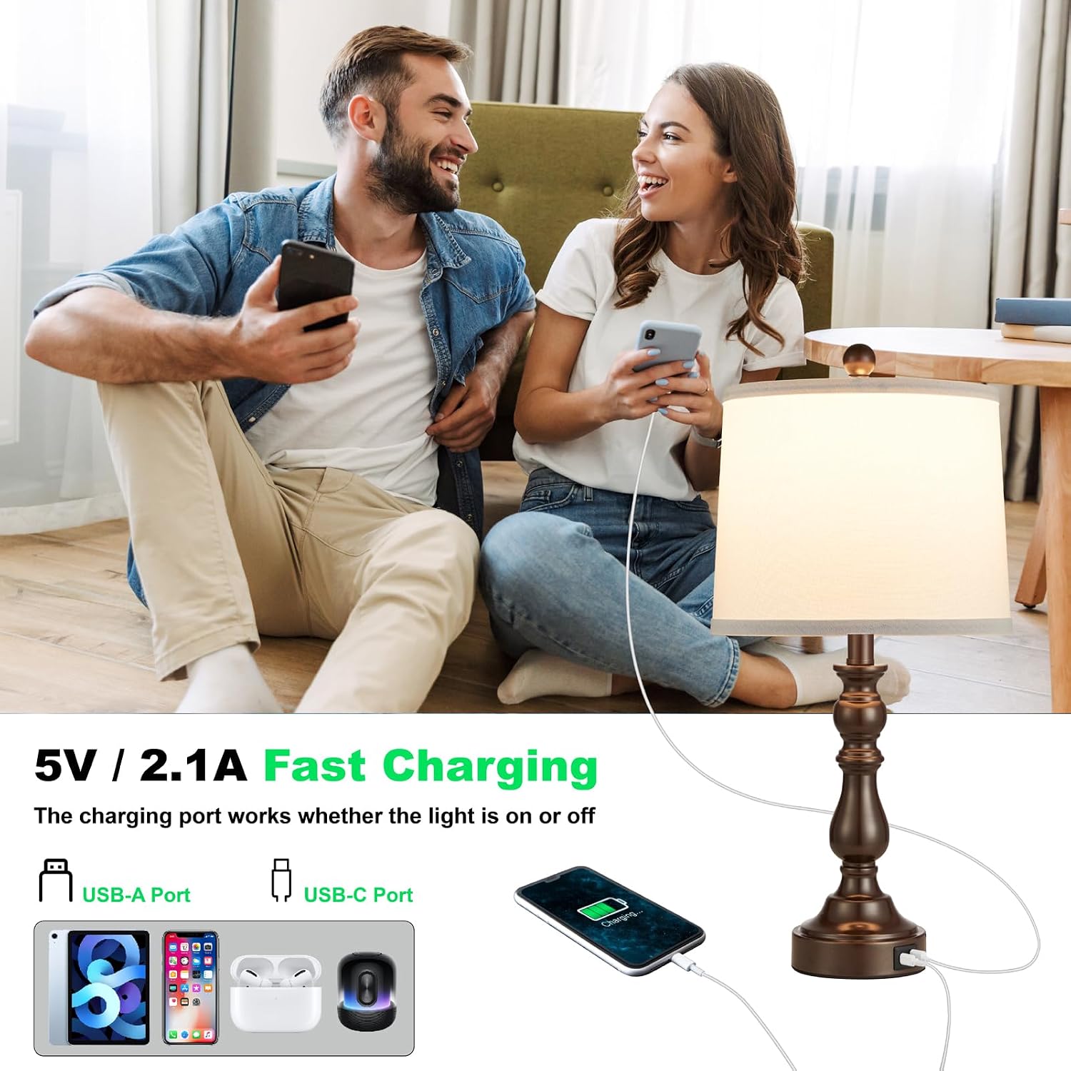 Detalle de Leasgy L-2T-138-G Table Lamp Set of 2, USB-A and USB-C Ports