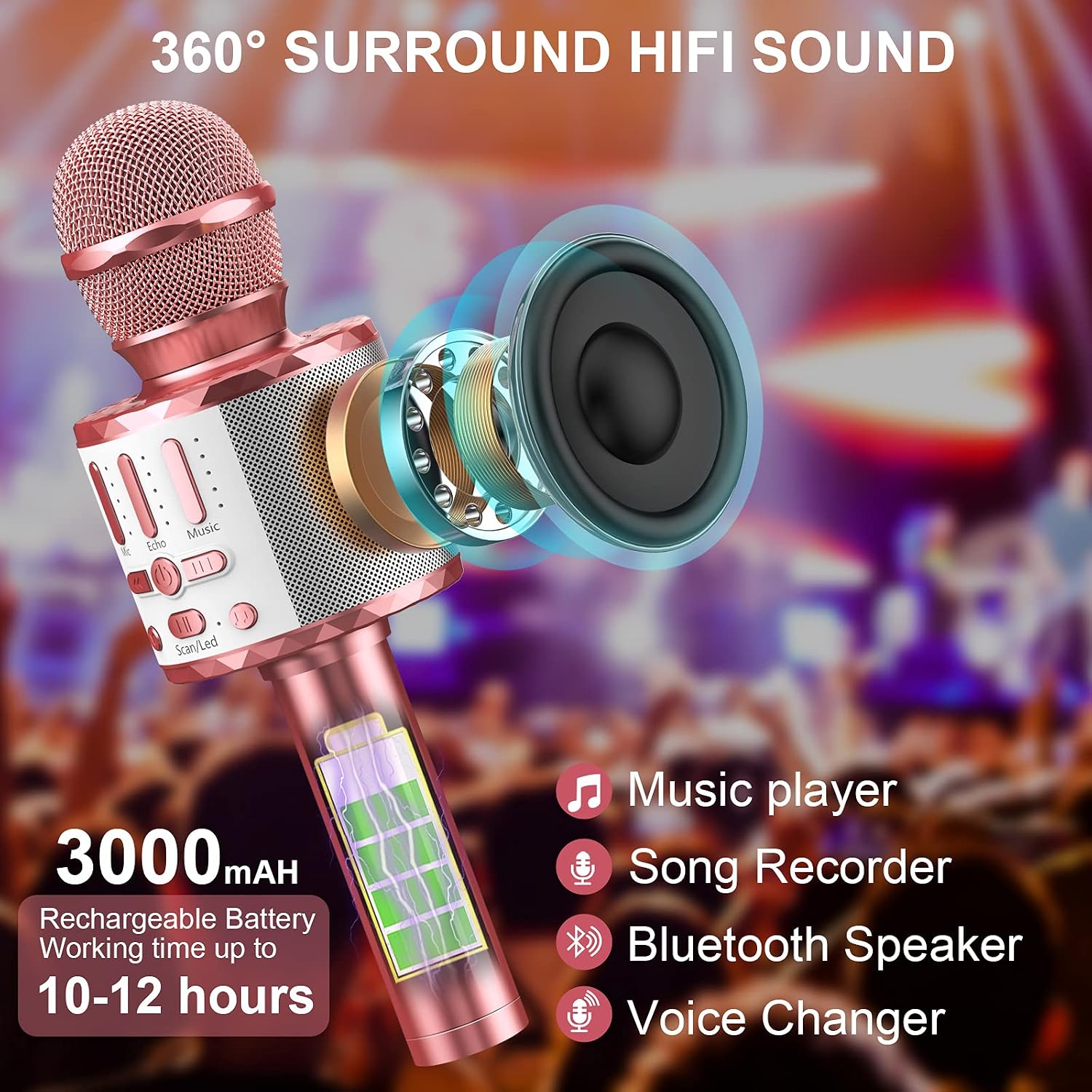 Detalle de Karaoke Mikrofon mit LED – Bluetooth Mikrofon mit Lautsprecher, tragbares KTV-System für Kinder und Familie