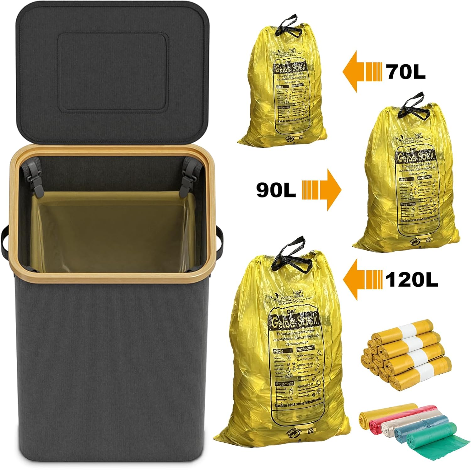 Thumbnail 5 de DOKRVLOQ Gelber Sack Ständer mit Deckel – stabiler Müllsackhalter für 70L–120L, schwarz