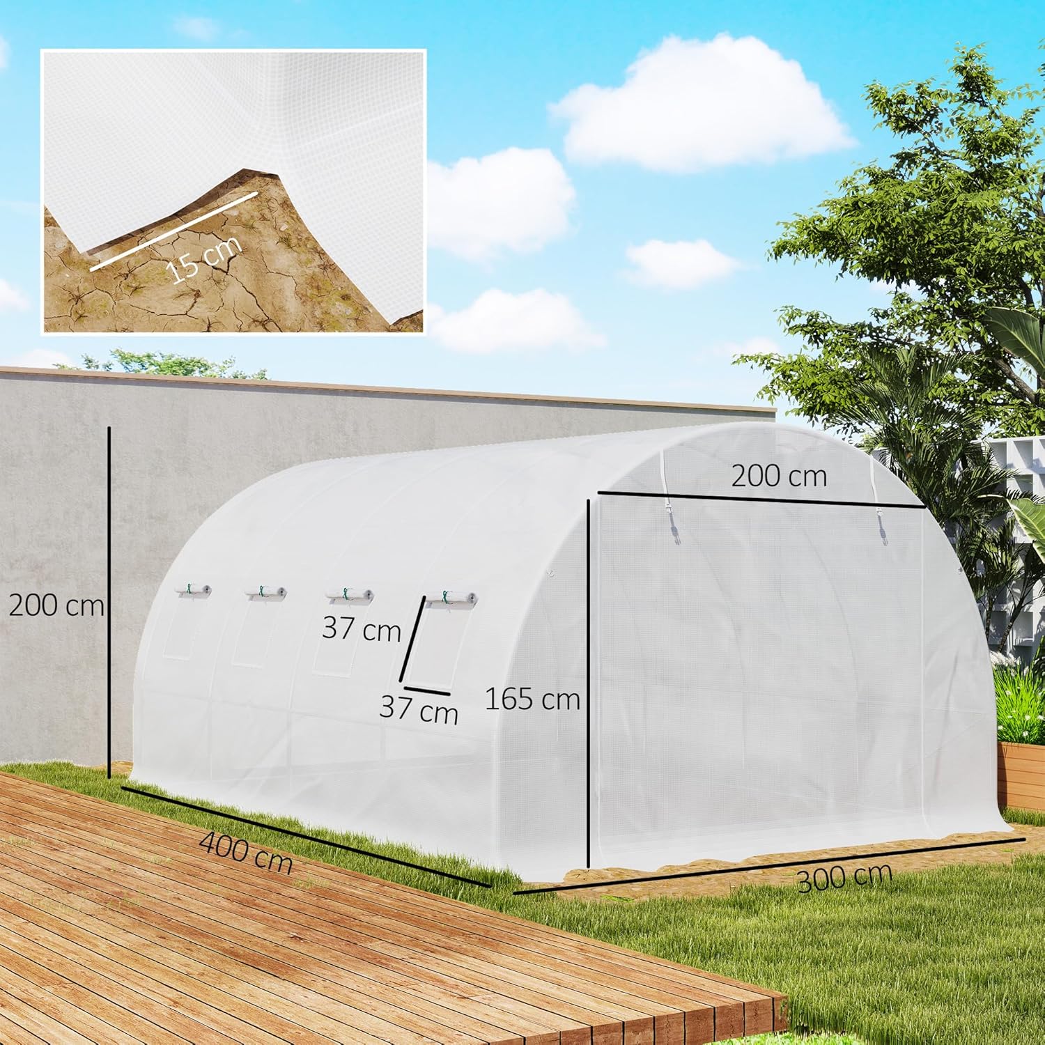 Thumbnail 6 de Outsunny Bâche de Rechange Serre Tunnel 12 m² – 4 x 3 x 2 m, PE Anti-UV, 8 fenêtres et porte enroulable